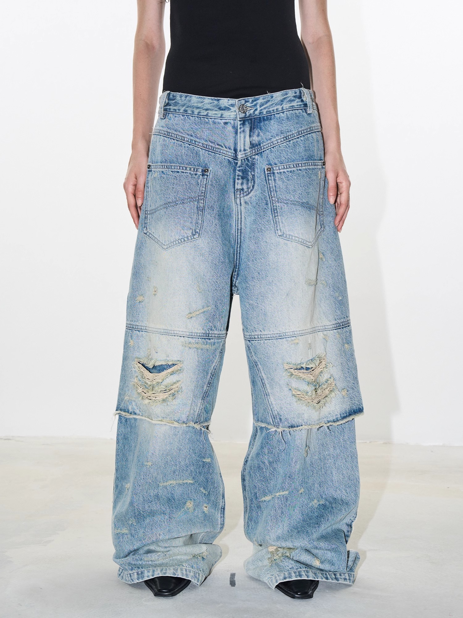 EXITMODE BY BLINDNOPLAN Fake Layered Distressed Washed Denim Jeans