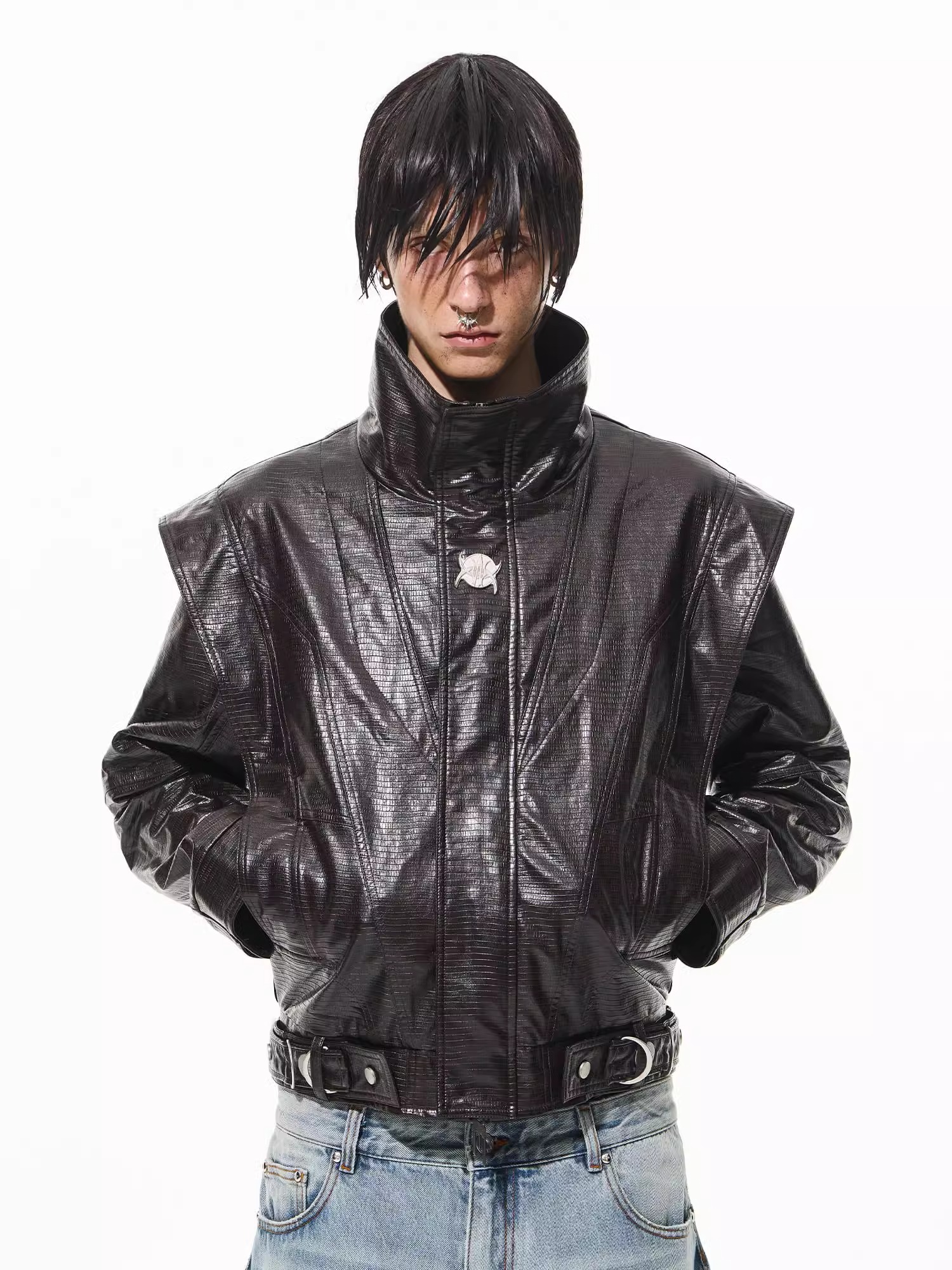 BLINDNOPLAN 24AW Crocodile Pattern Heavy-Duty Metal Belt Jacket