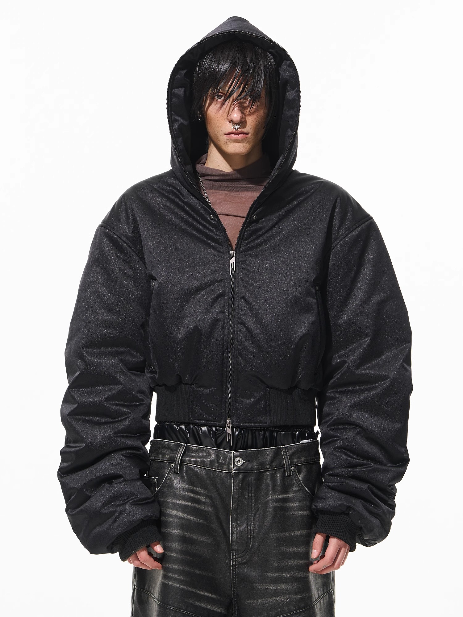 BLINDNOPLAN Hooded Glitter Logo Studded Cotton Jacket