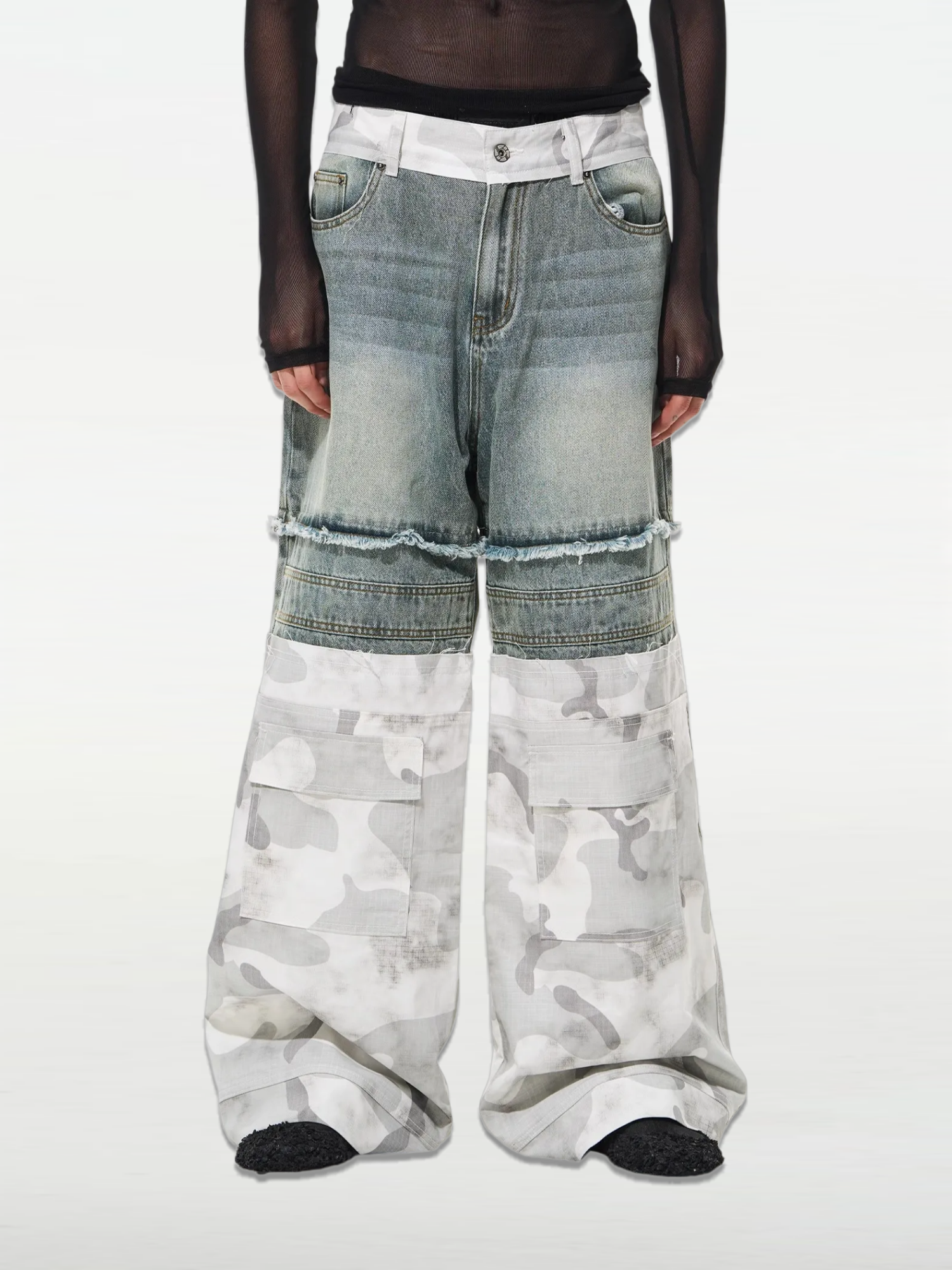 Camouflage Workwear Frayed Patchwork Denim Pants