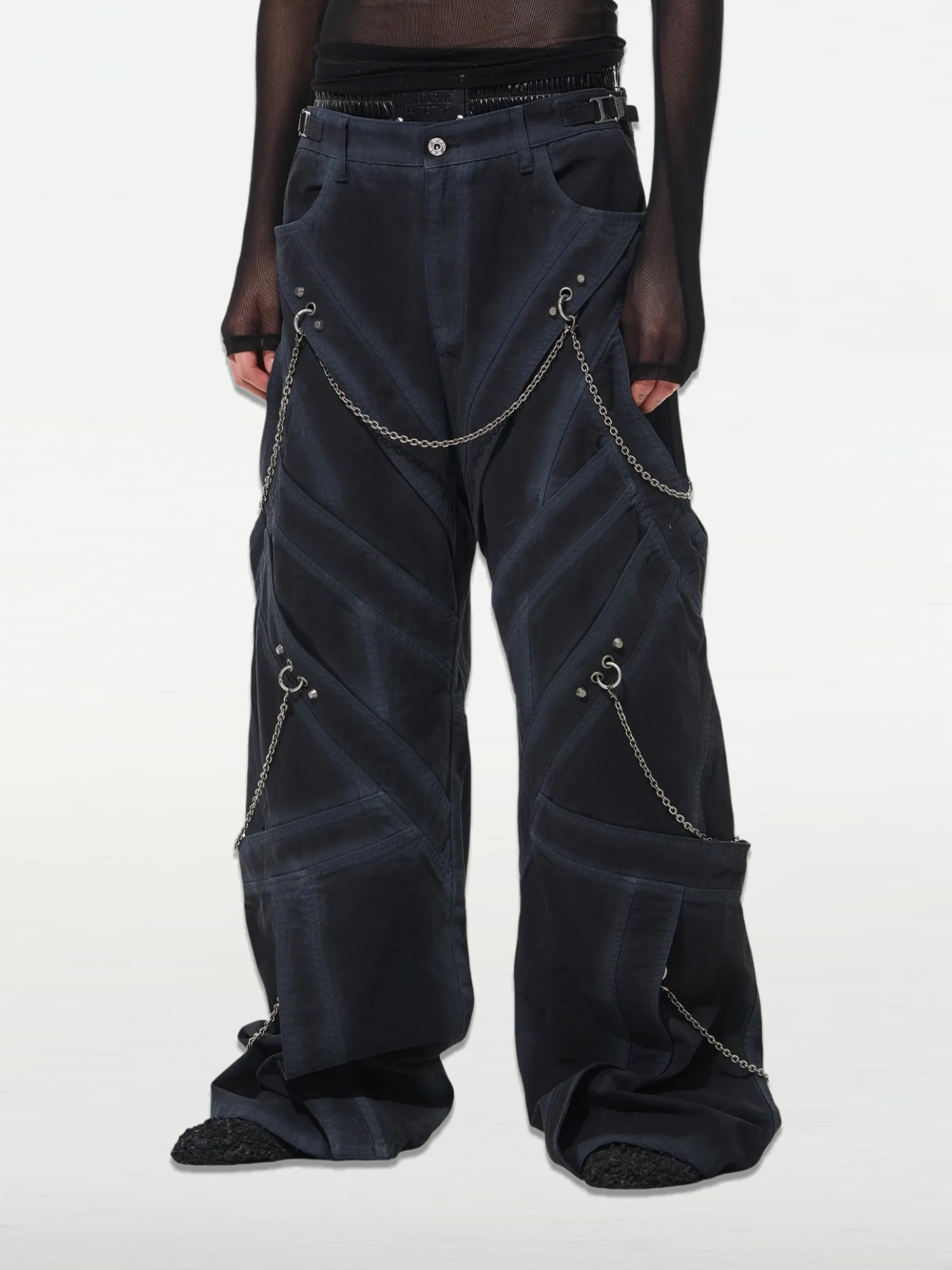 Crossed Multi-Flap Chain Embellished Washed Workwear Pants