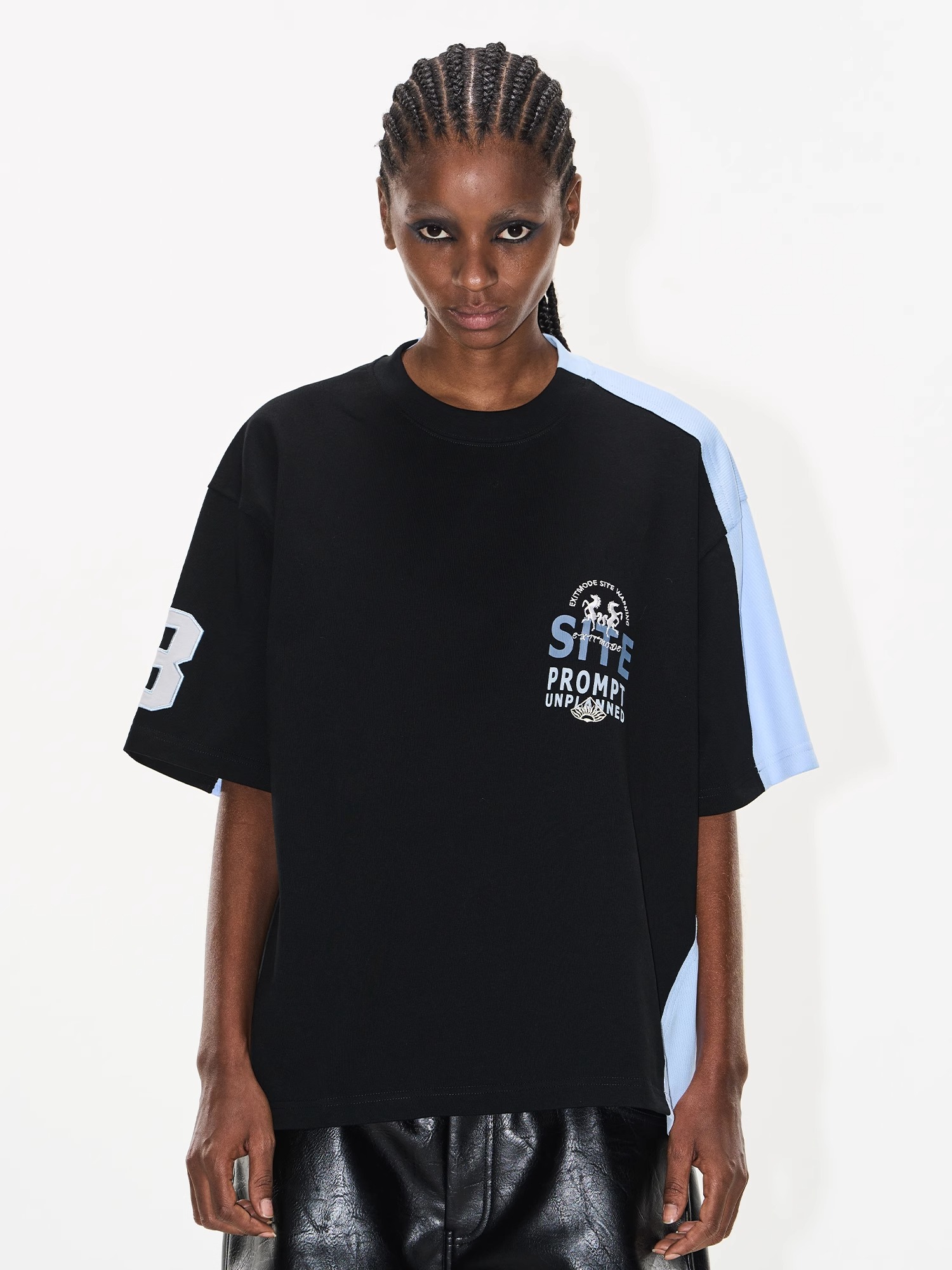 EXITMODE BY BLINDNOPLAN Raw-Edge Color-Block Patchwork Sports T-Shirt