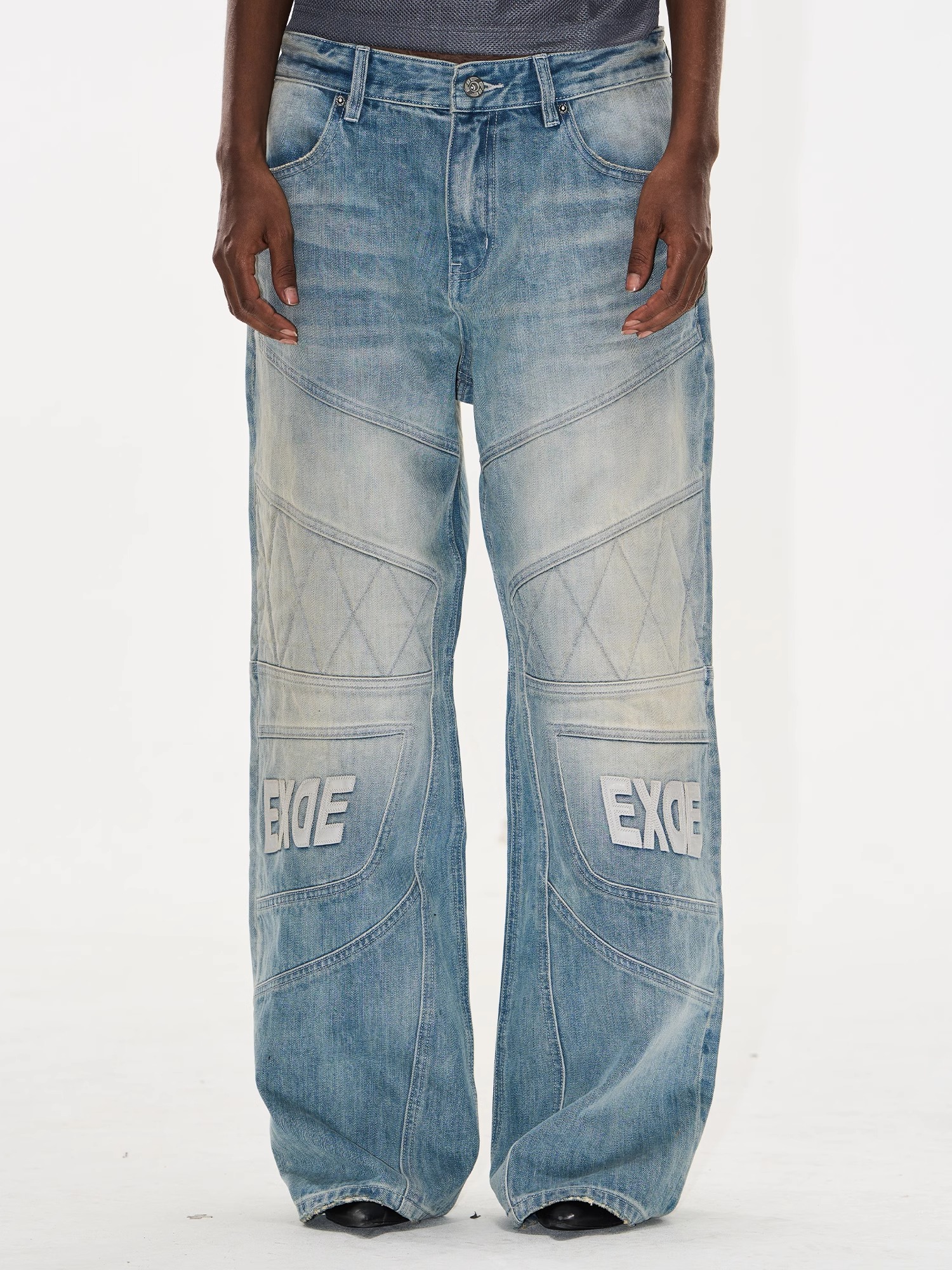 EXITMODE BY BLINDNOPLAN Washed Blue Moto Patchwork Leather Embroidered Pants