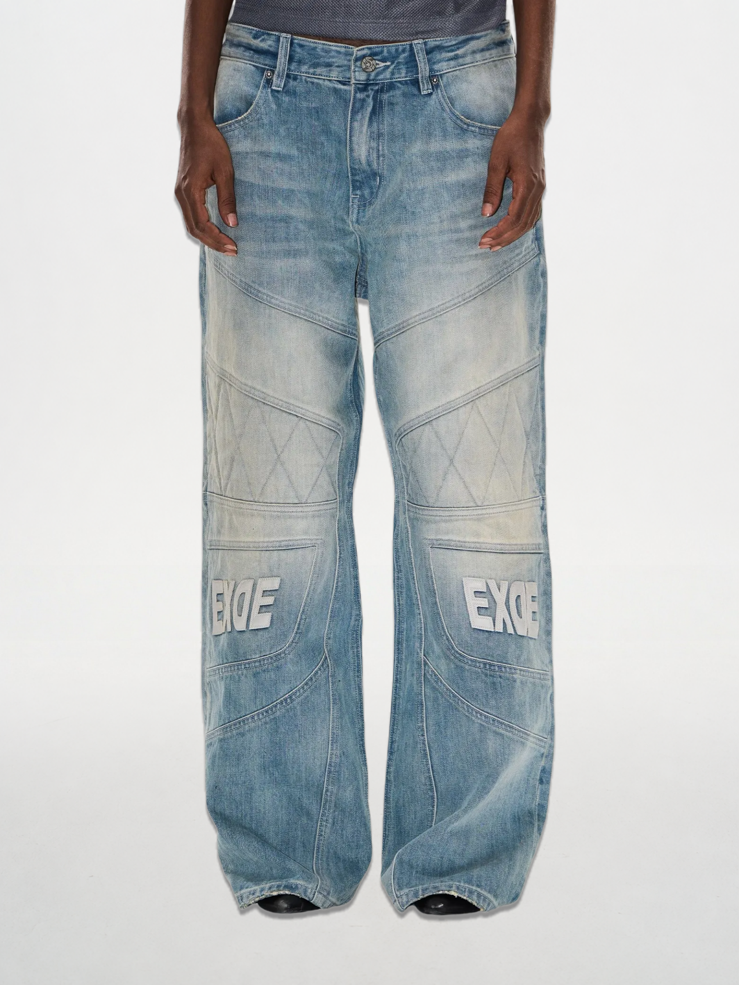Washed Blue Moto Patchwork Leather Embroidered Pants