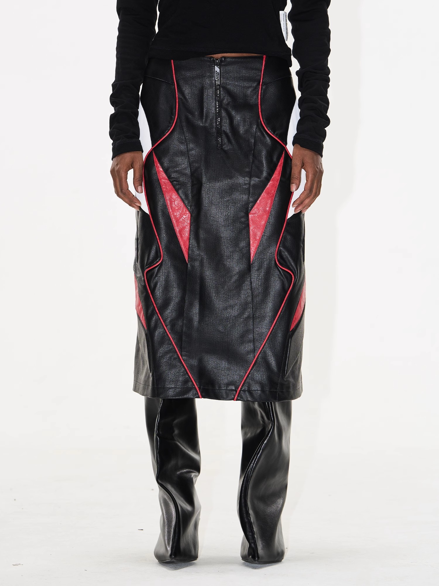 BLINDNOPLAN 25SS Color-Block Biker Leather Skirt