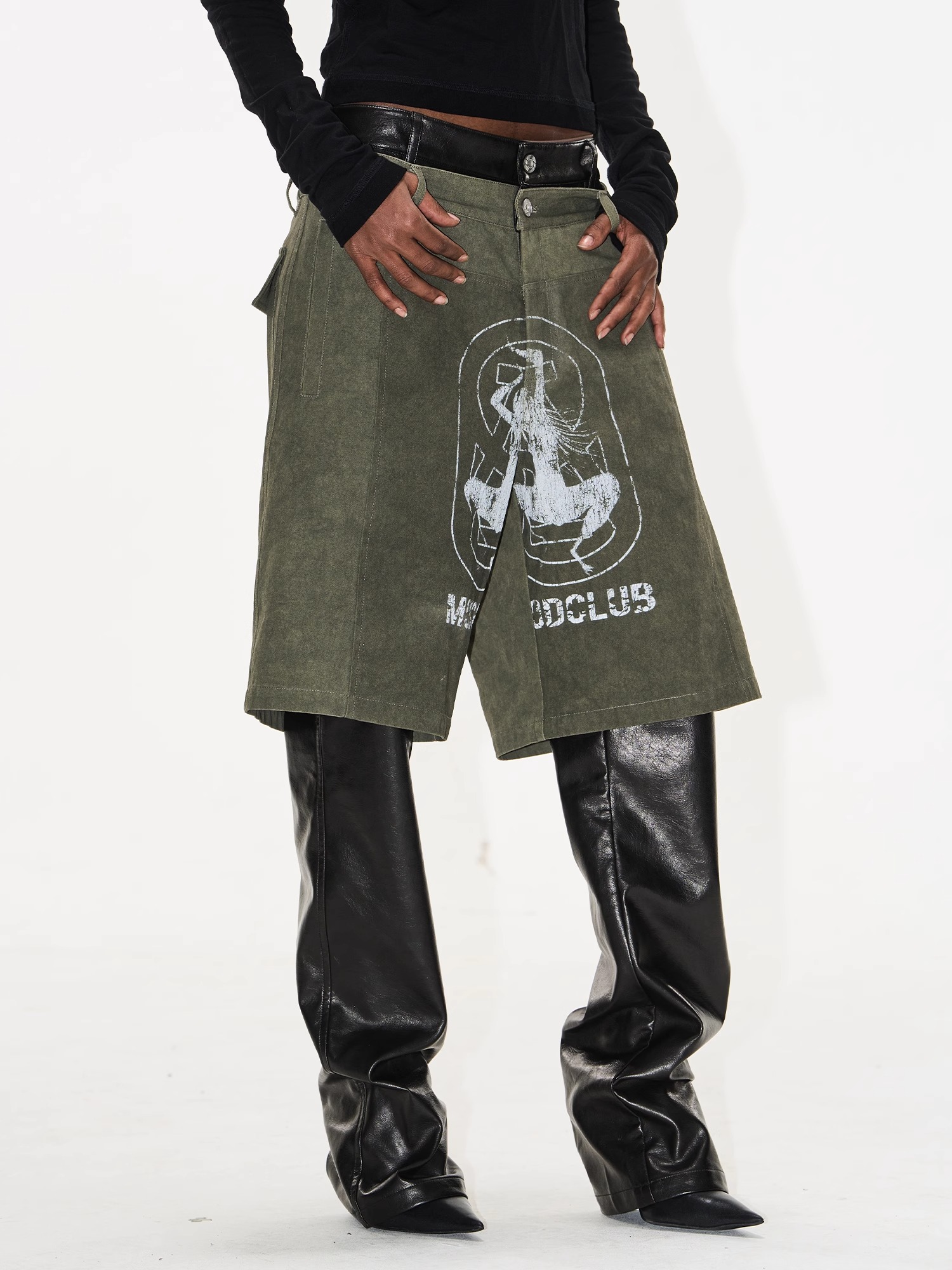 EXITMODE BY BLINDNOPLAN Faux Two-Piece Pearl Sail Fabric & Faux Leather Patchwork Pants