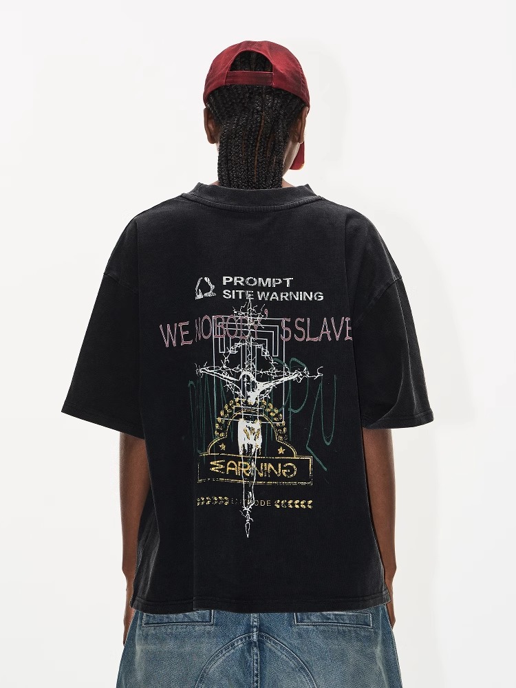 EXITMODE BY BLINDNOPLAN Washed Distressed Overlap Print T-Shirt