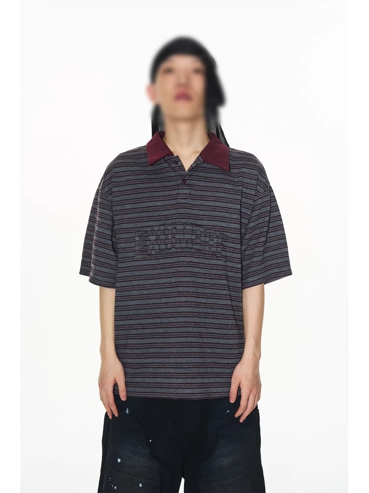 EXITMODE BY BLINDNOPLAN Striped Raw-Edge Appliqué Polo T-Shirt