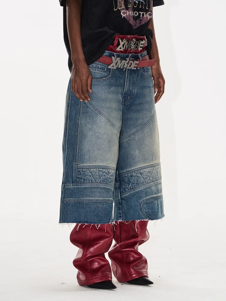 EXITMODE BY BLINDNOPLAN Washed Distressed Biker Raw-Edge Denim Shorts