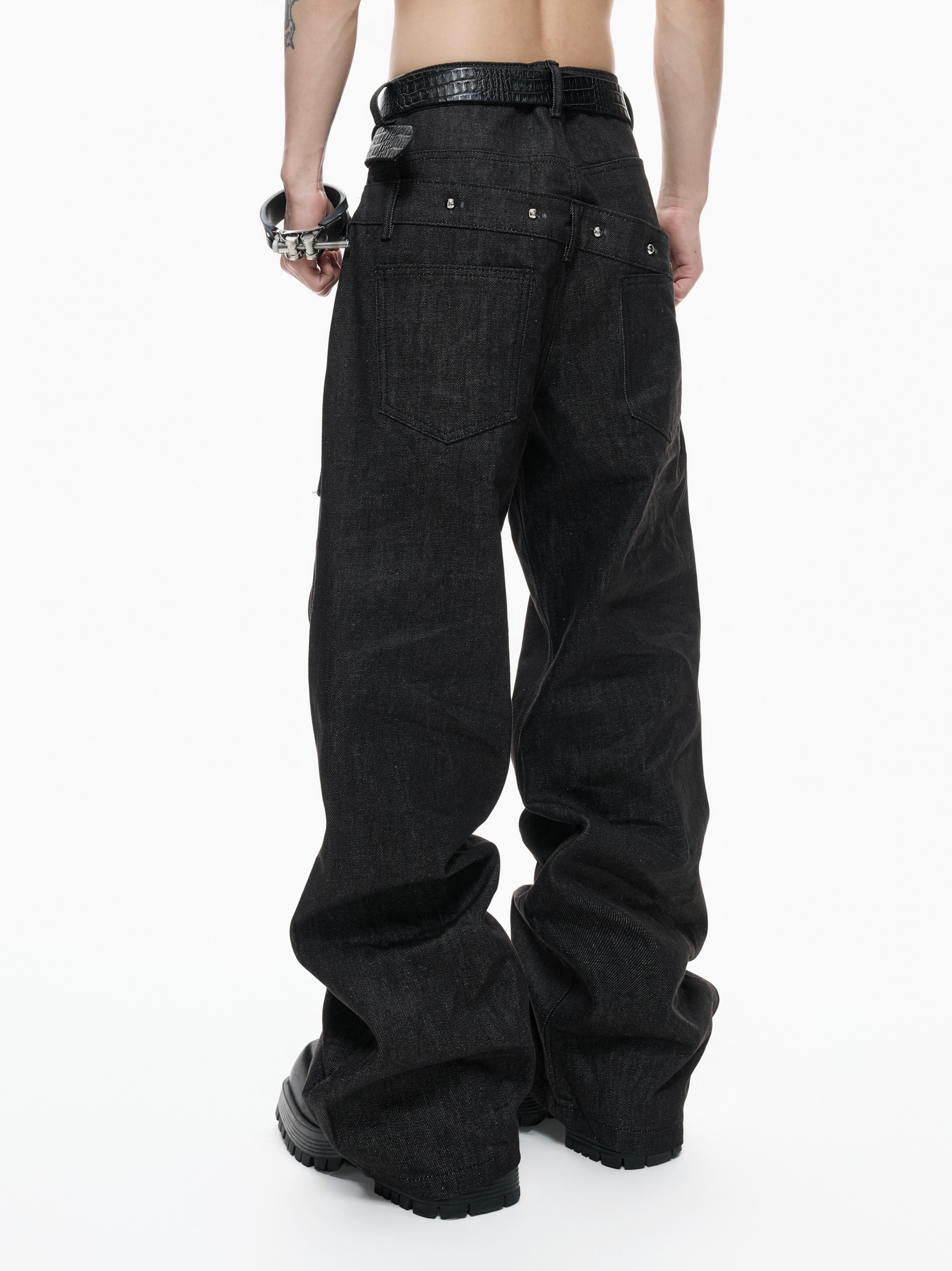 14.5oz Desized Raw Denim Straight Pants with Double Waistband