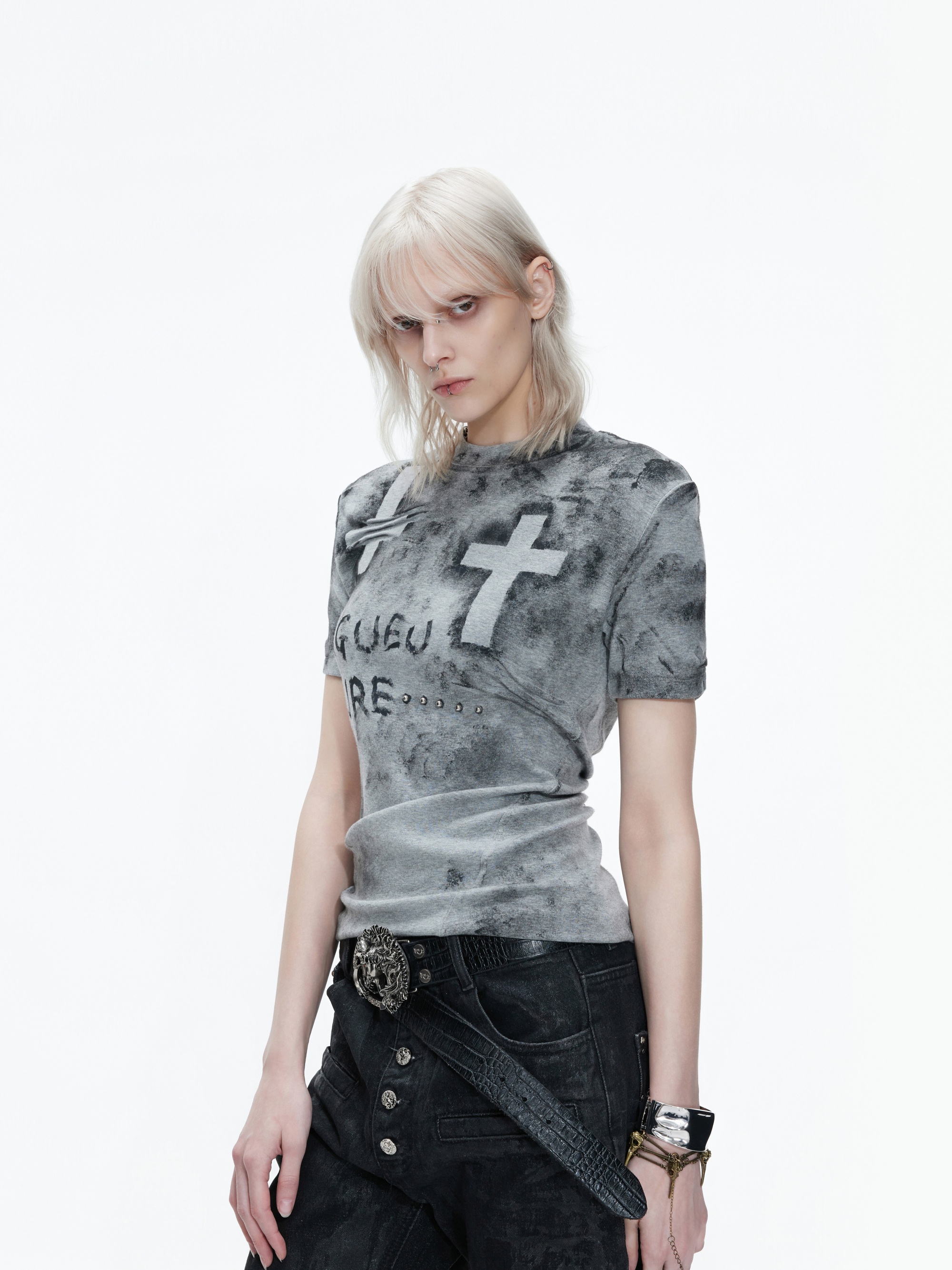 Pleated Graffiti Distressed T-Shirt