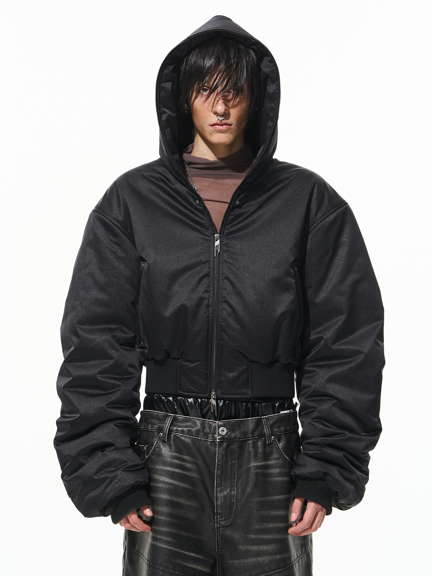 Hooded Glitter Logo Studded Padded Jacket
