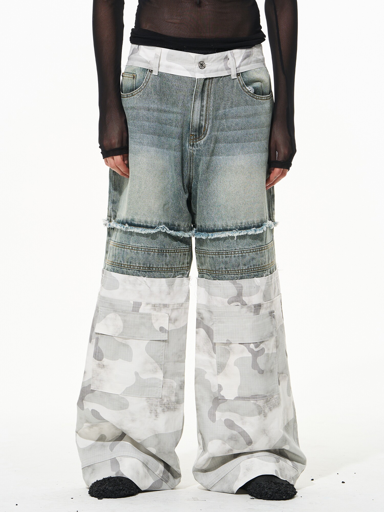 Camo Workwear Frayed Patchwork Denim Pants