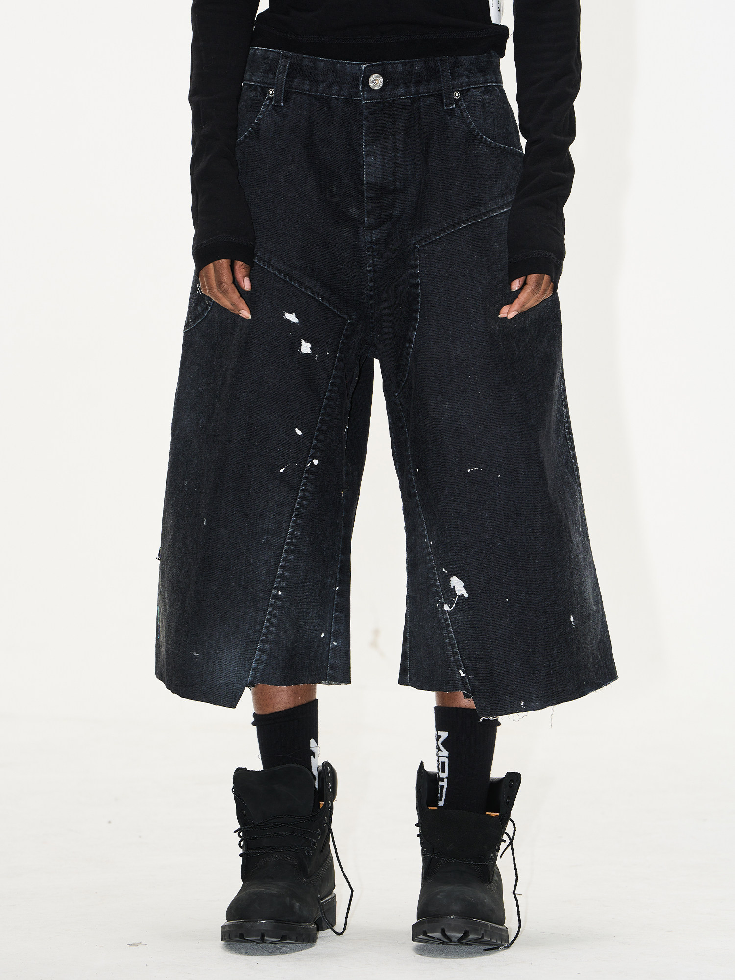 Washed Paint-Splatter Flocked Denim Lumber Shorts