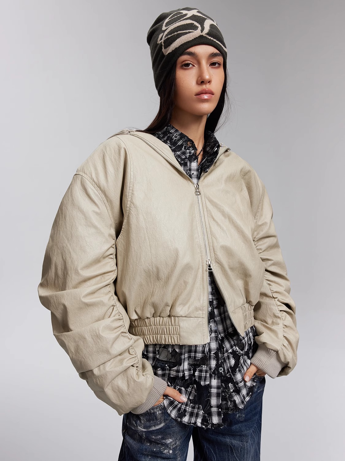 AUGENWEIDE AW23 MA-1 STYLE HOODED LEATHER COTTON JACKET