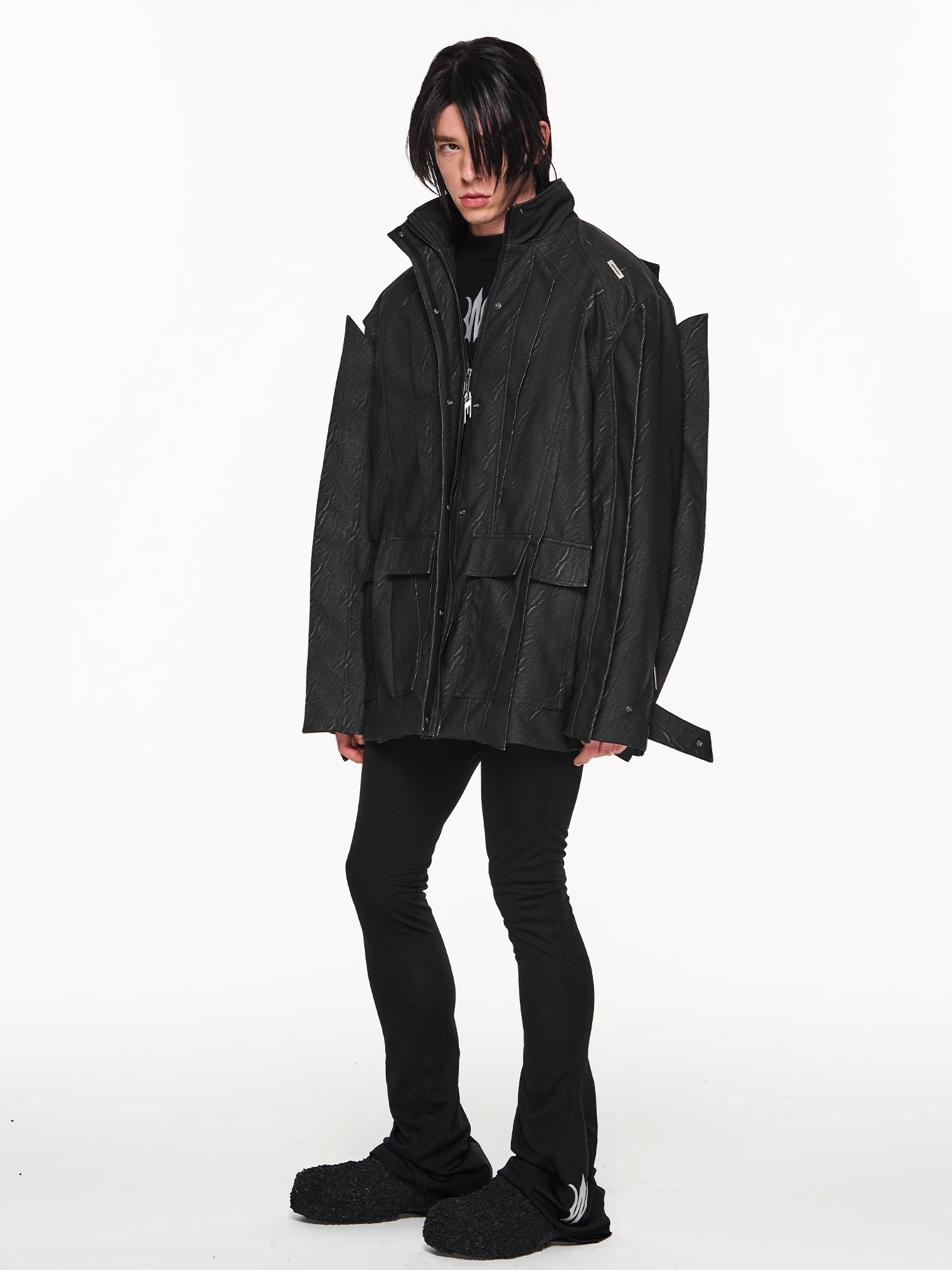 BLINDNOPLAN 23AW Multi-panel Asymmetrical Blade Washed Cotton-padded Leather Jacket