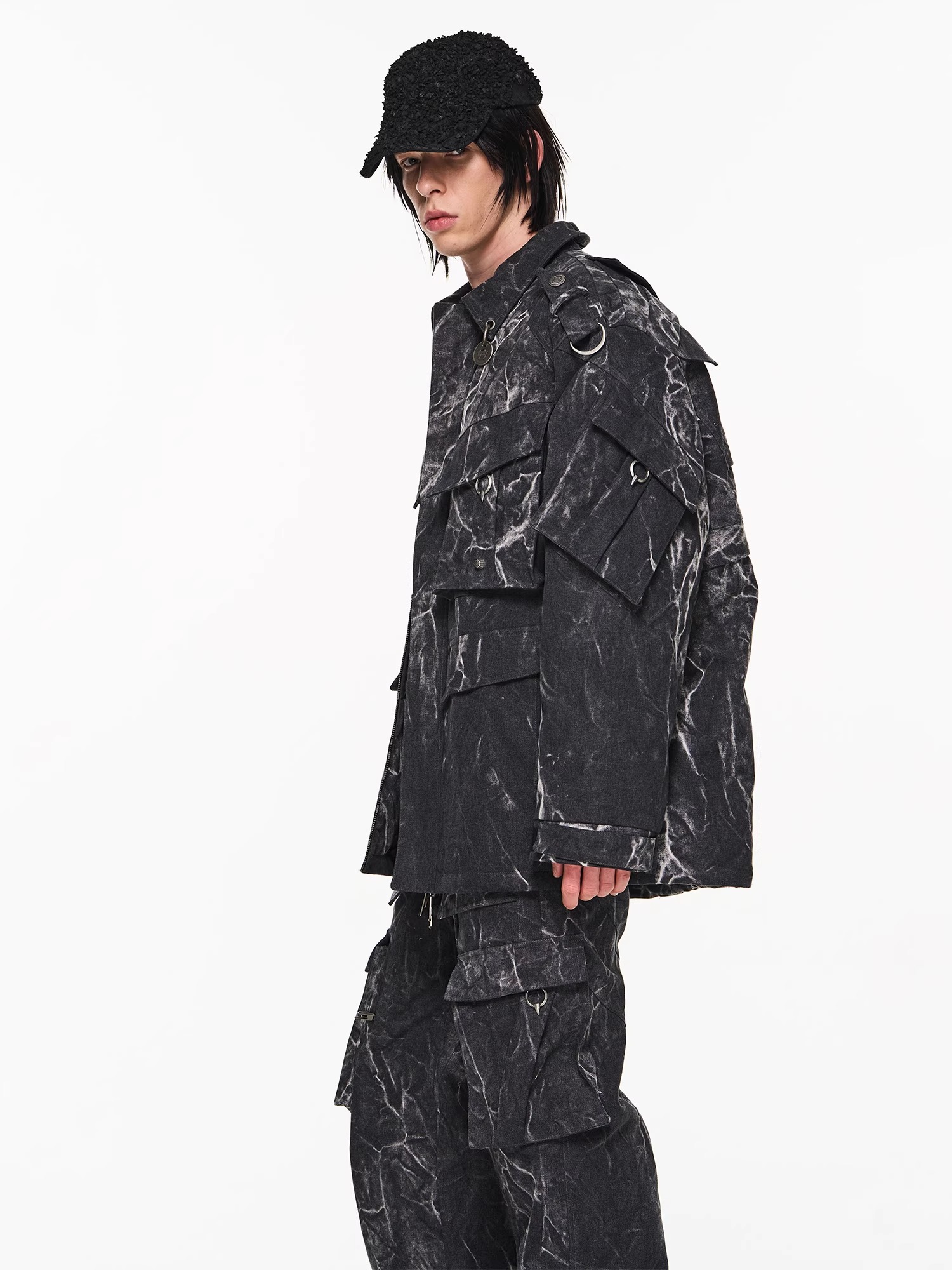 BLINDNOPLAN 23AW Psychedelic Washed Pocket Heavy Metal Work Cotton-padded Jacket