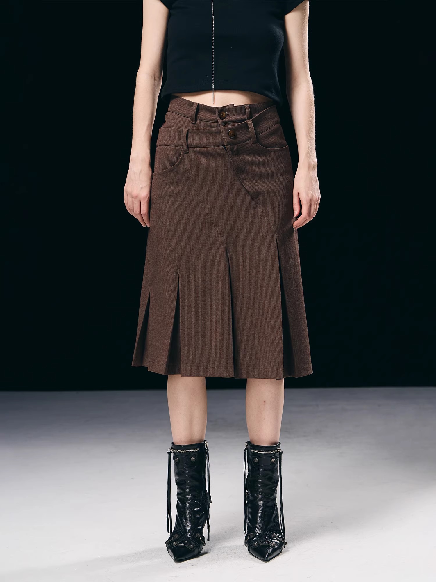 BORON ATOMS 23SS Double-layered Waist Diagonal Button Pleated Skirt