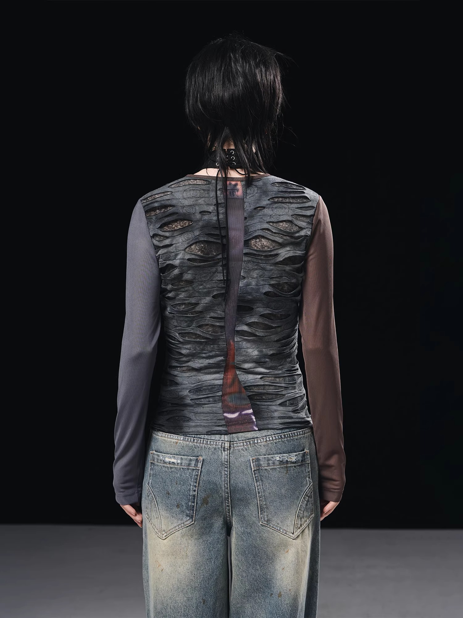 BORON ATOMS 23SS Mesh Patchwork Floral Print Round Neck Long Sleeve T-shirt