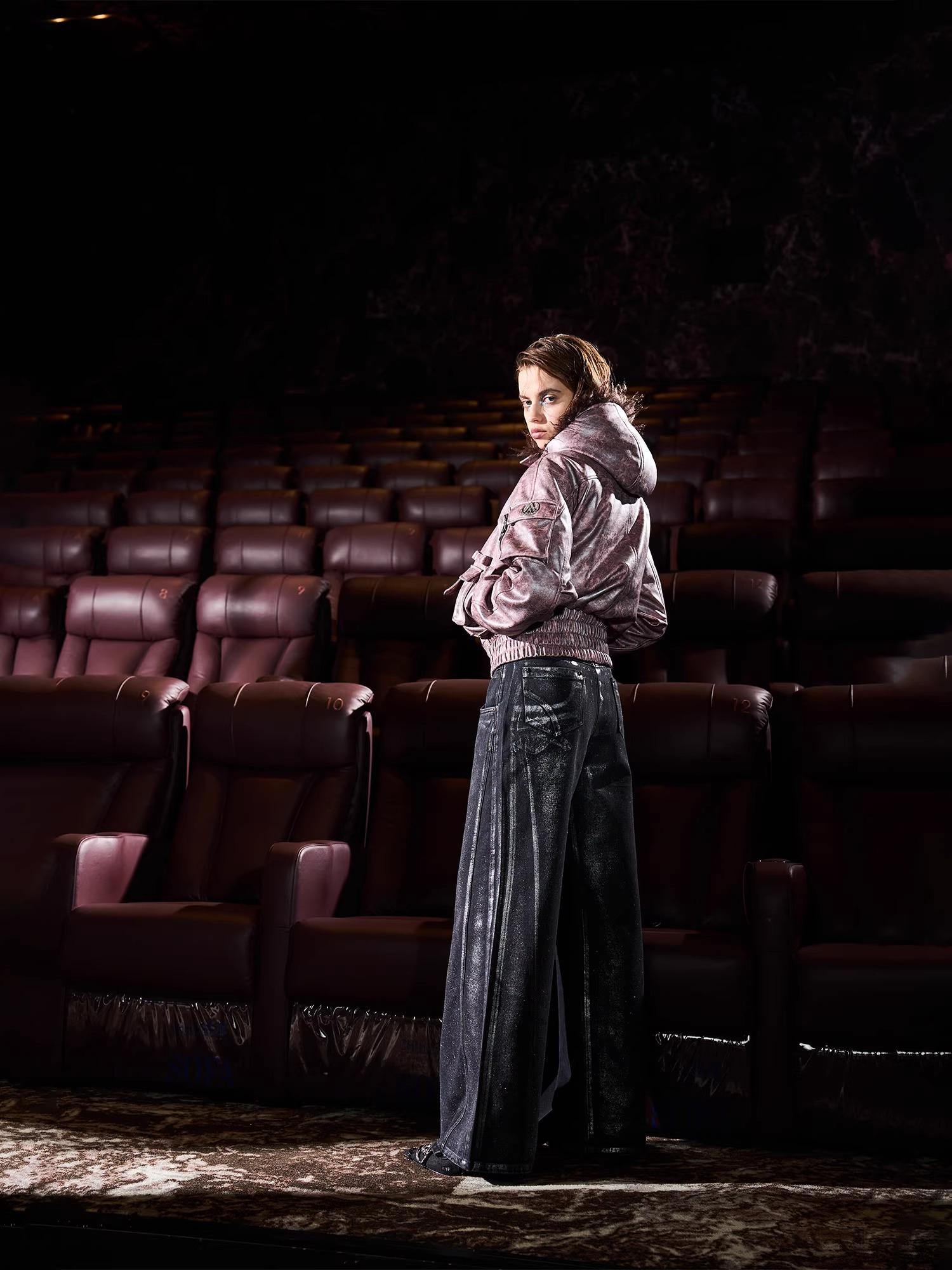 BORON ATOMS 24SS Metallic Dirty Pink Multi-Pocket Faux Fur Collar Short Jacket