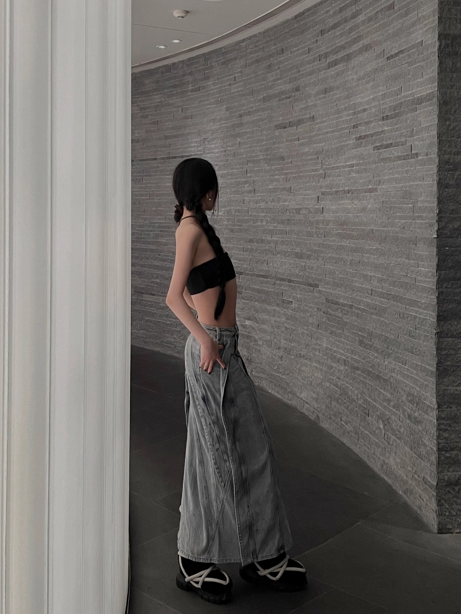 BLINDNOPLAN 24SS Mud-dyed Ink-splattered Distressed Flared Skirt