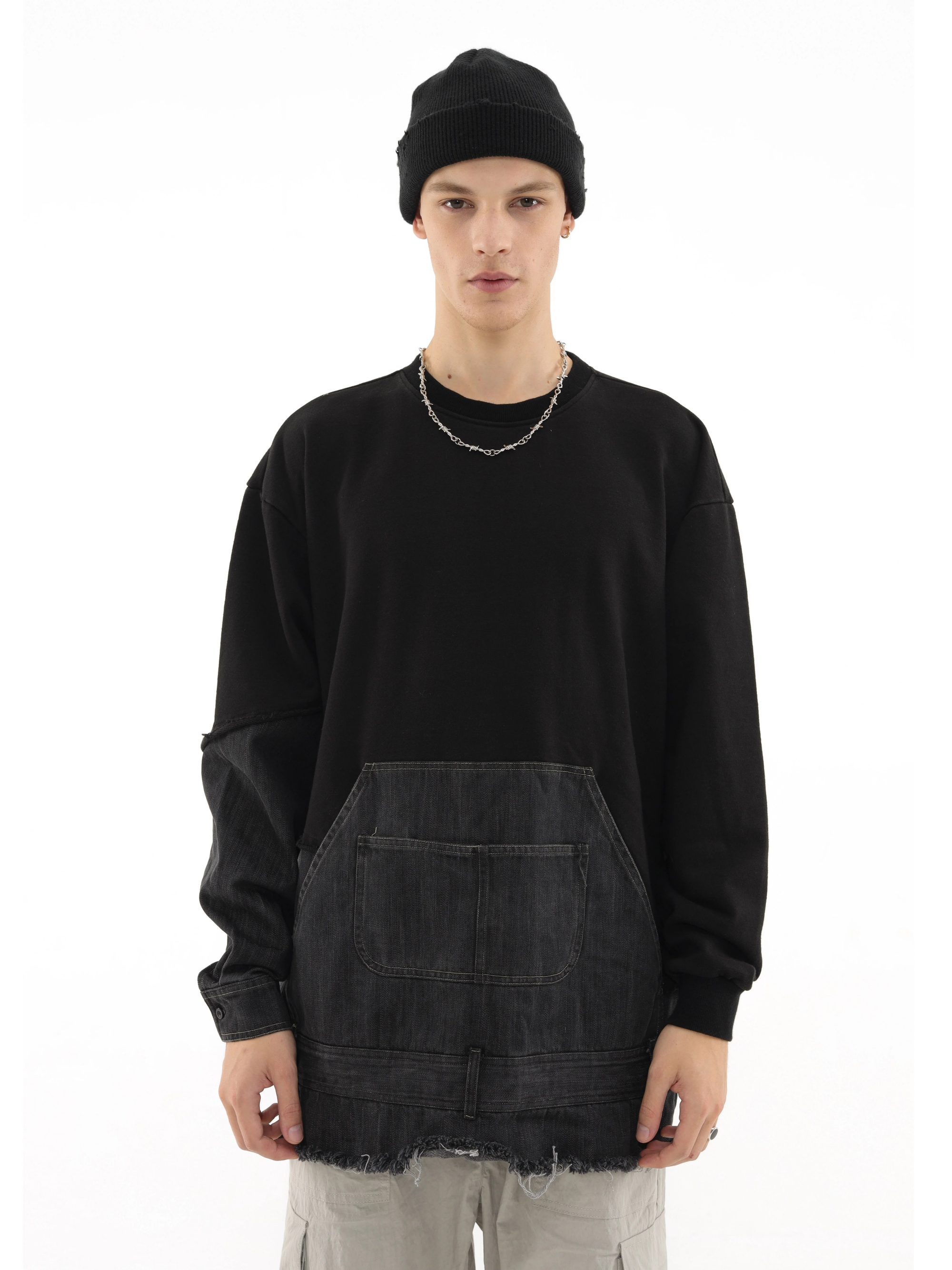 NormCoreMoment 19FW Heavy Washing Black Jeans Stitching Knitted Sweaters