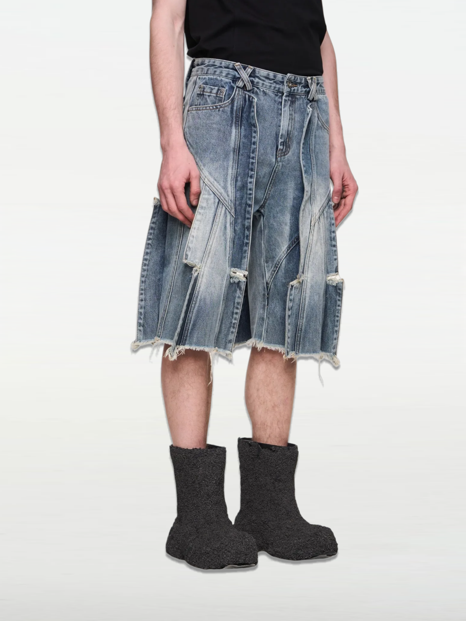 Distressed Flap Washed Light Denim Shorts