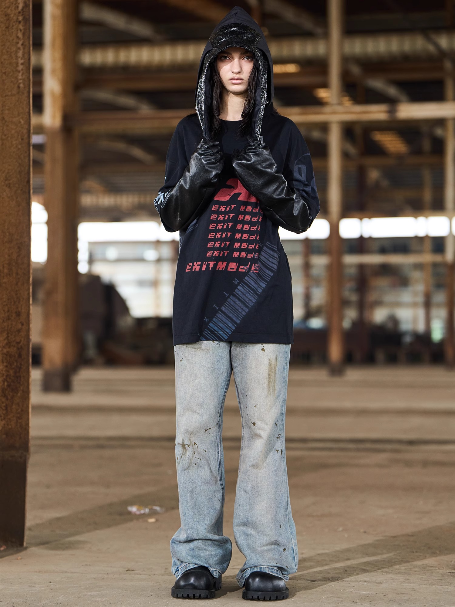 BLINDNOPLAN 24SS Distressed Washed Ink-splatter Flared Jeans