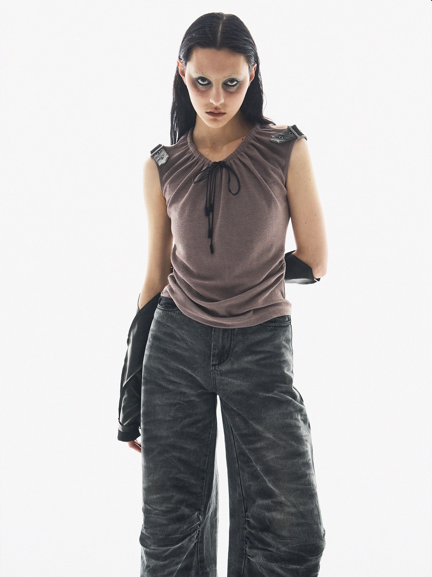 BORON ATOMS 24SS Hand-Dyed Adjustable Leather Buckle Drawstring Two-Tone Sleeveless Tank