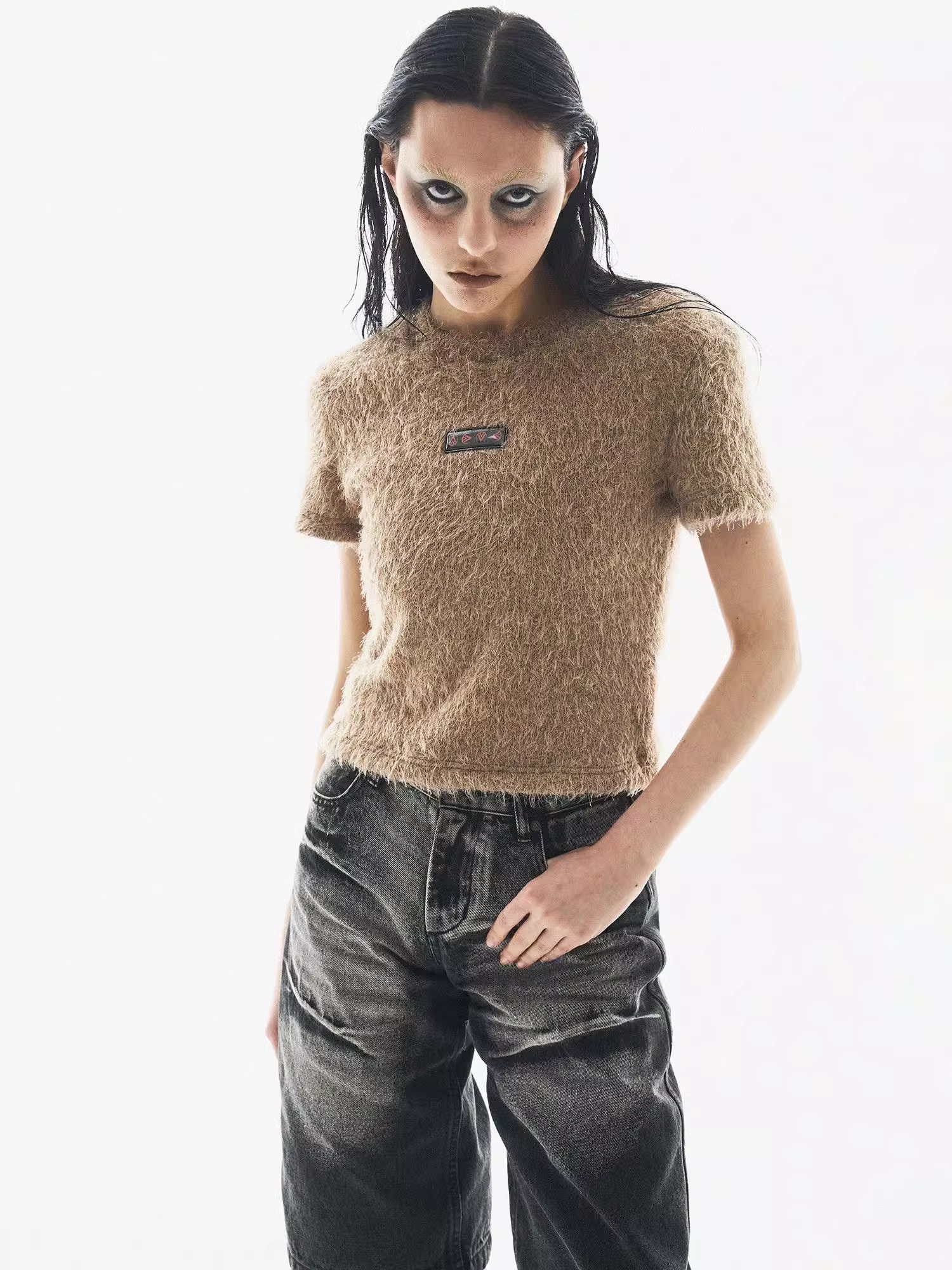 BORON ATOMS 24SS Feather-Fleece Custom Jelly-Label Two-Tone T-Shirt