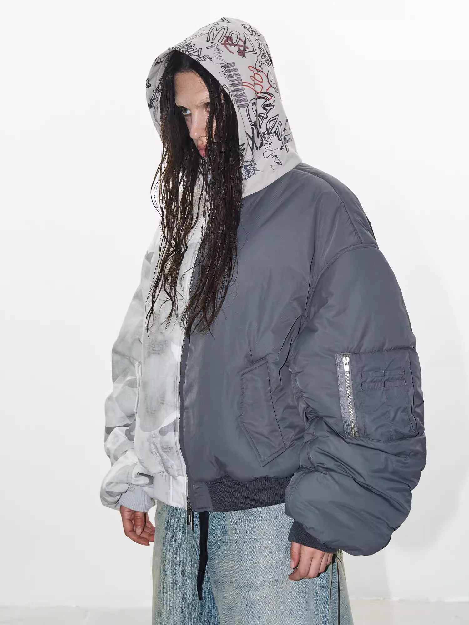 EXITMODE BY BLINDNOPLAN Yin-Yang Graffiti Hooded Bomber Jacket