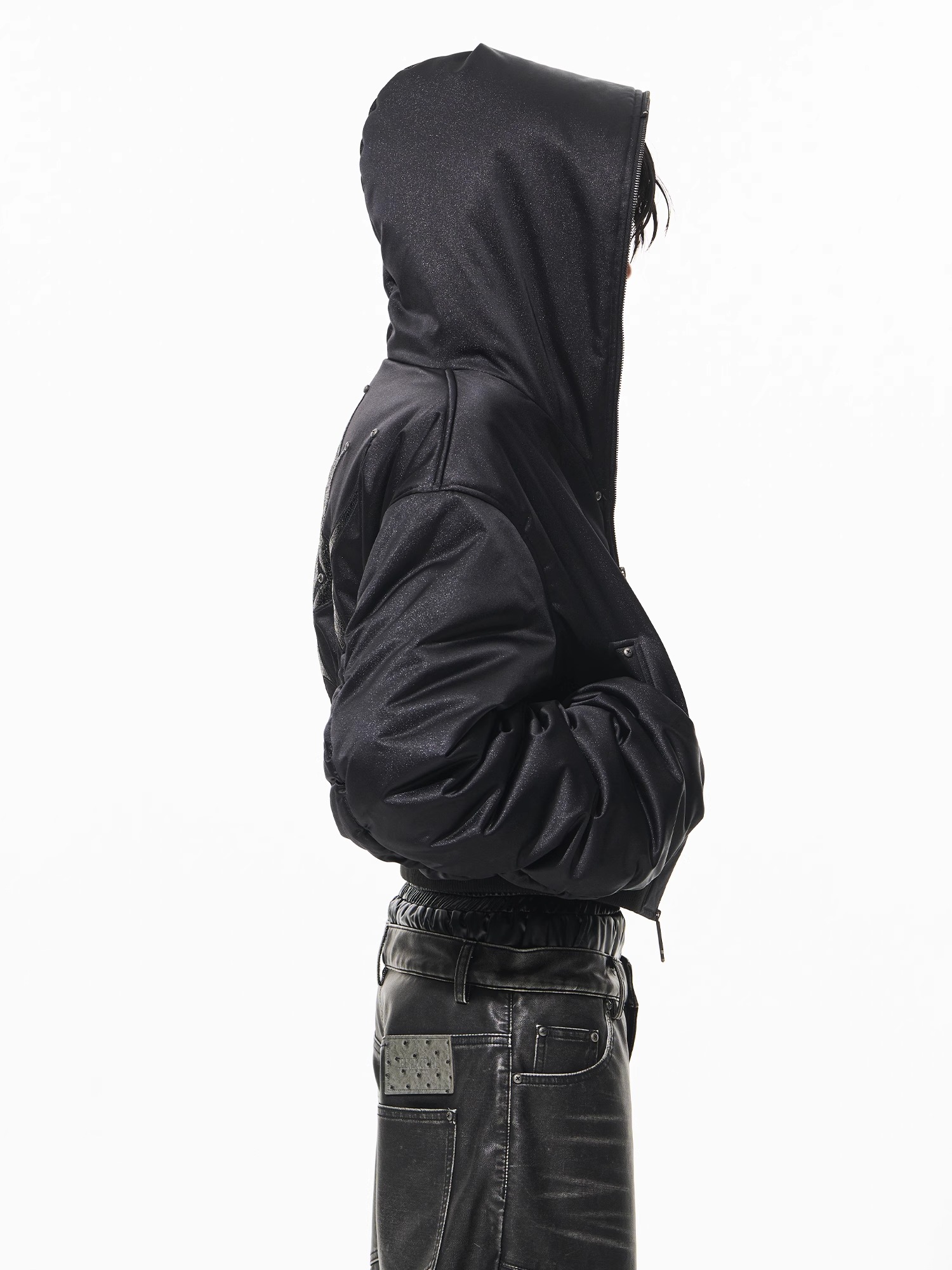 BLINDNOPLAN Hooded Glitter Logo Studded Cotton Jacket
