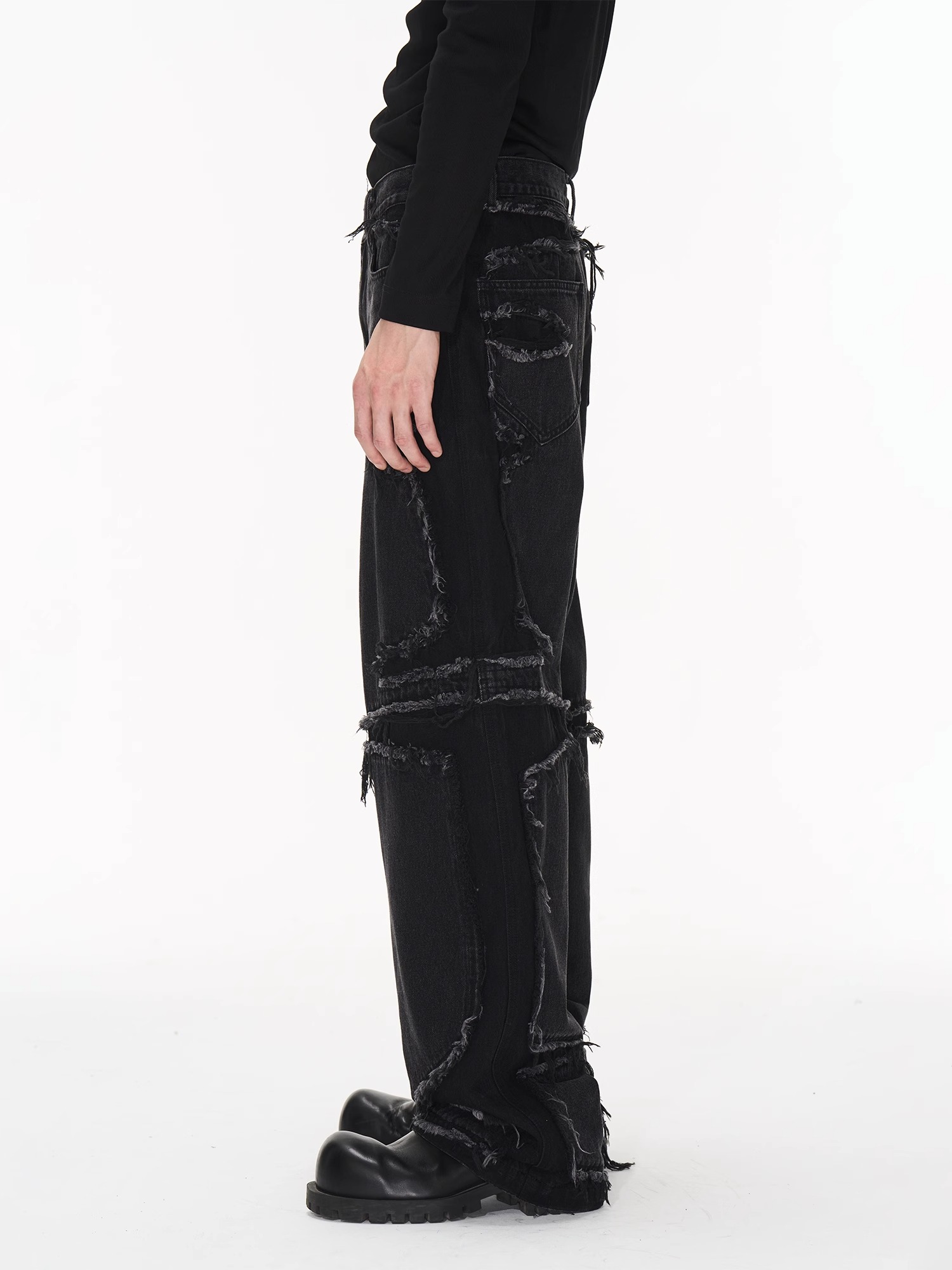 BLINDNOPLAN 23AW 毛边做旧分割拼接水洗宽松百搭牛仔长裤秋季