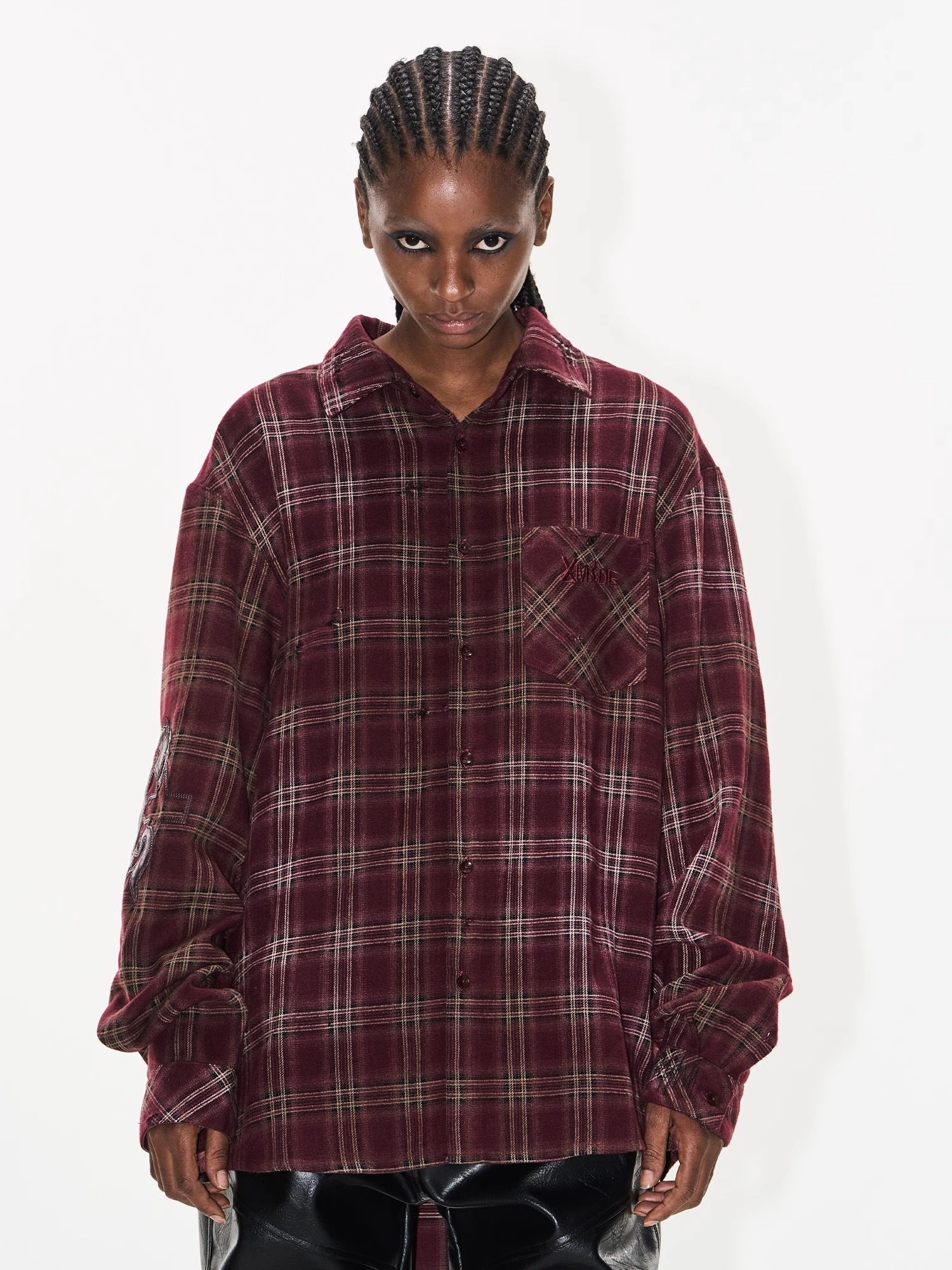 EXITMODE BY BLINDNOPLAN Washed Distressed Cross Warhorse Plaid Shirt