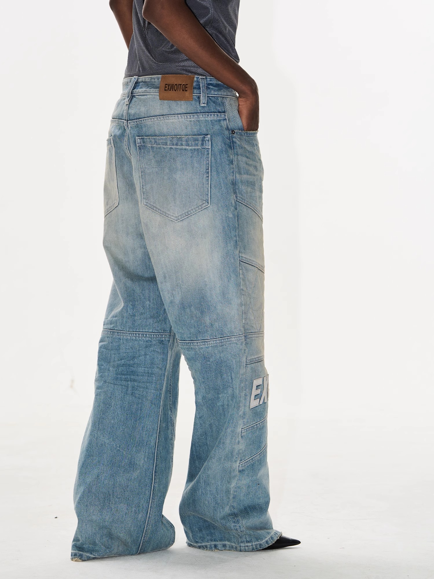 EXITMODE BY BLINDNOPLAN Washed Blue Moto Patchwork Leather Embroidered Pants