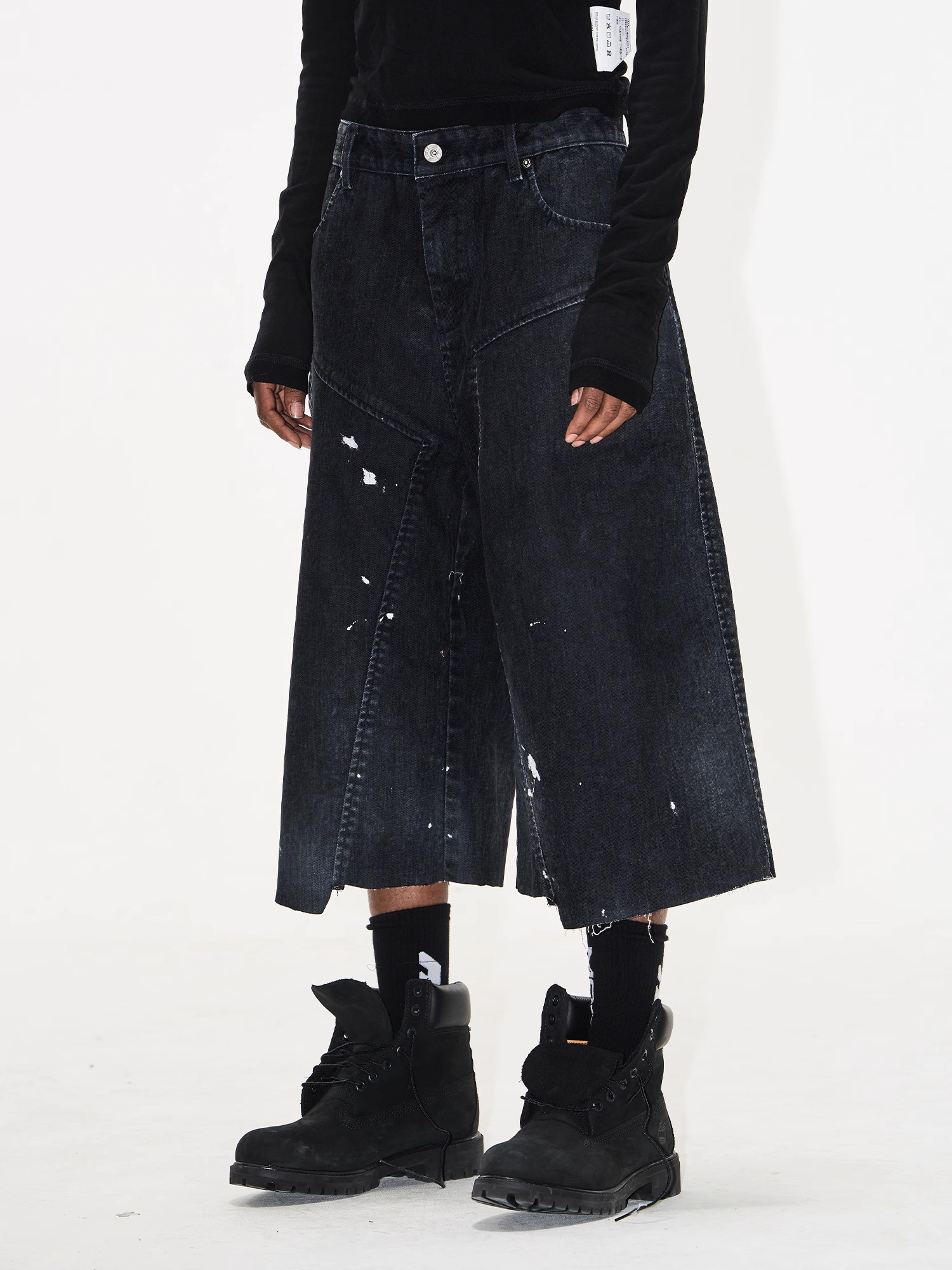 EXITMODE BY BLINDNOPLAN Washed Paint-Splatter Flocked Denim Lumber Shorts