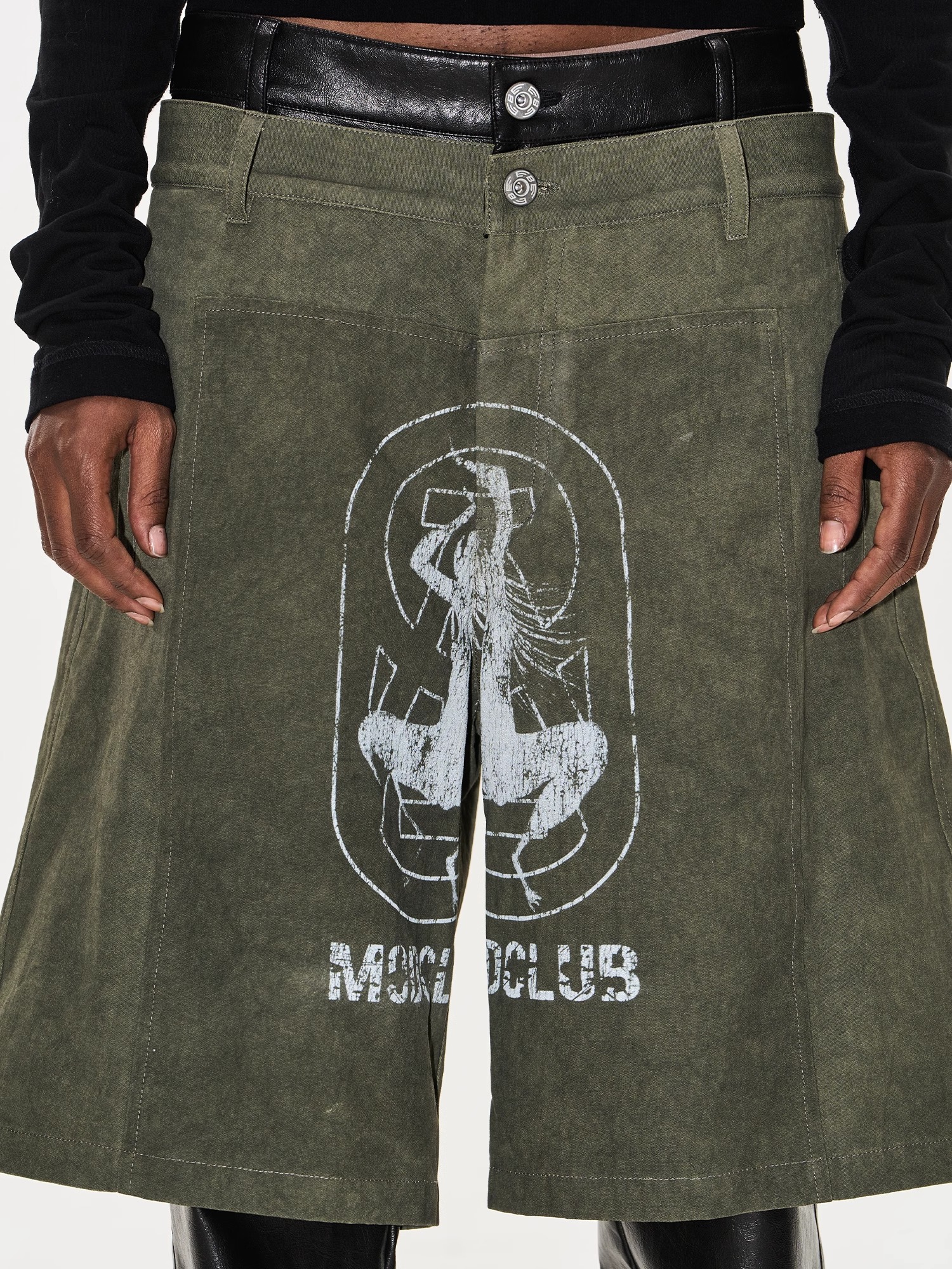 EXITMODE BY BLINDNOPLAN Faux Two-Piece Pearl Sail Fabric & Faux Leather Patchwork Pants