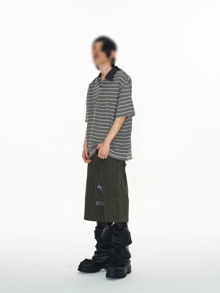 EXITMODE BY BLINDNOPLAN Striped Raw-Edge Appliqué Polo T-Shirt