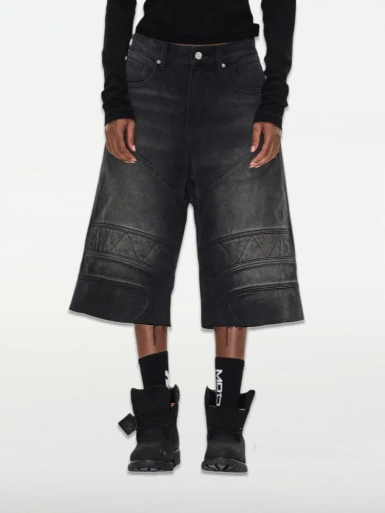 Washed Distressed Biker Raw-Edge Denim Shorts