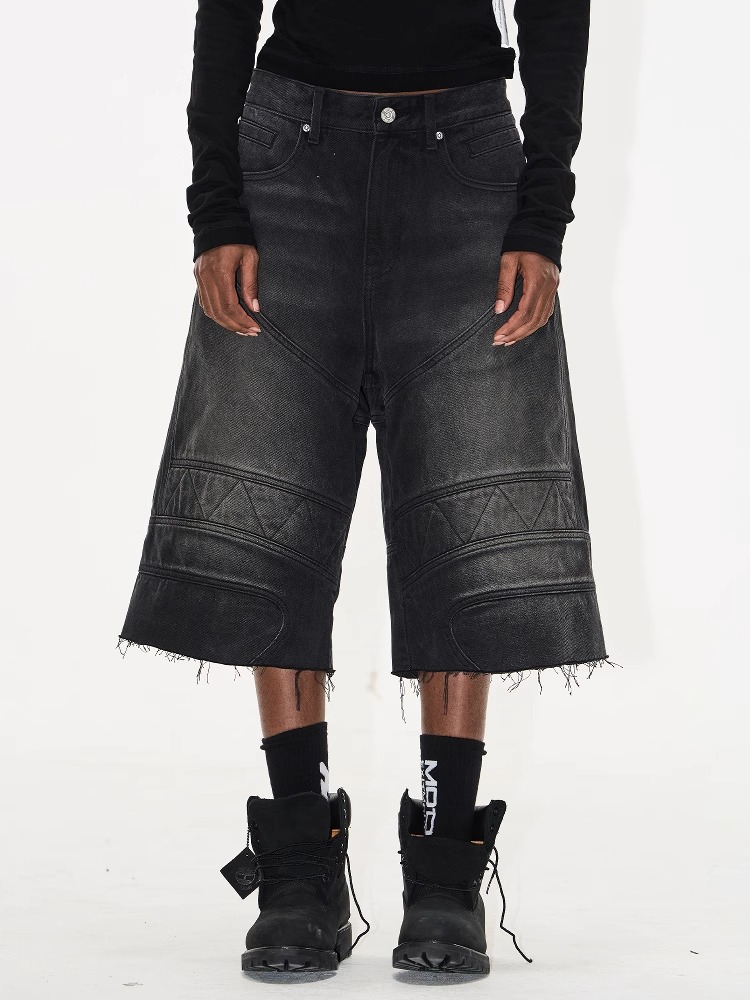 EXITMODE BY BLINDNOPLAN Washed Distressed Biker Raw-Edge Denim Shorts