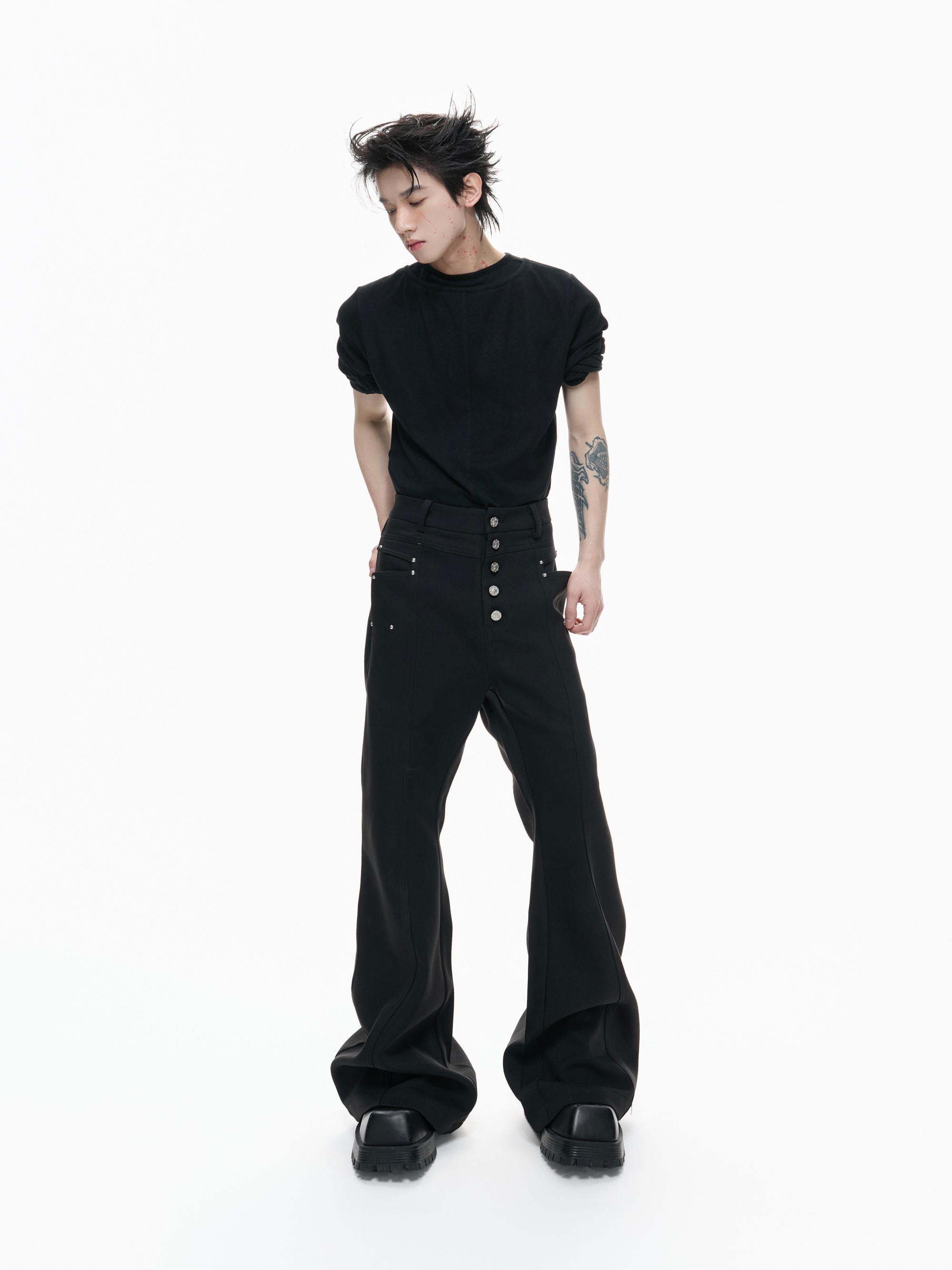 Metal-Buckle Rivet Draped Anti-Wrinkle Tailored Pants