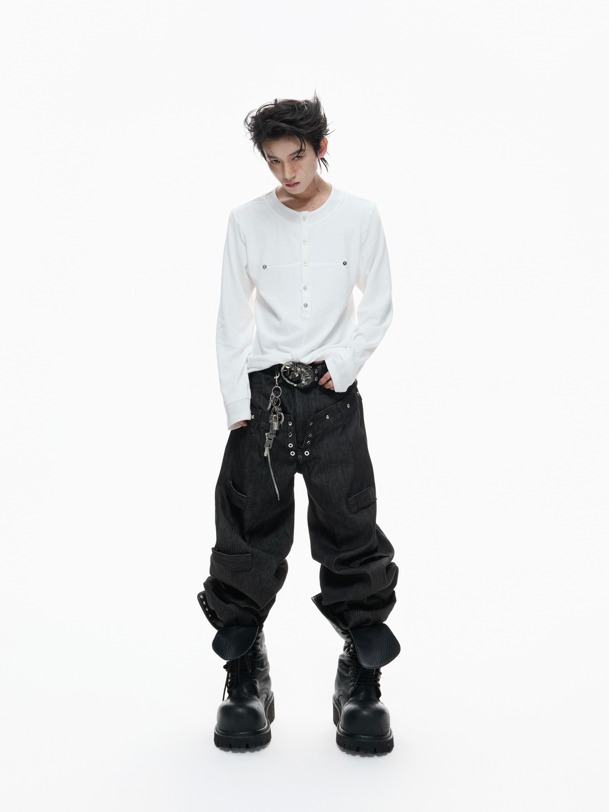 14.5oz Desized Raw Denim Straight Pants with Double Waistband