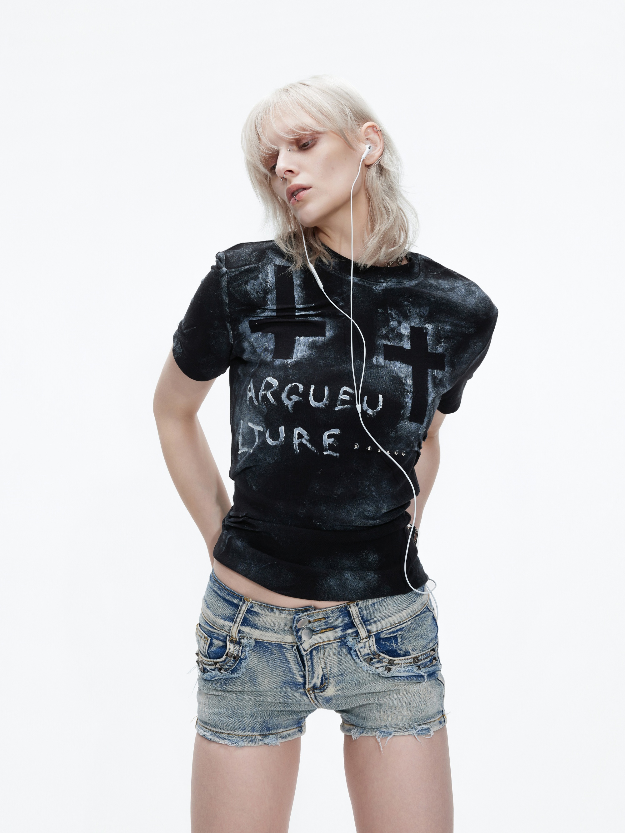Pleated Graffiti Distressed T-Shirt