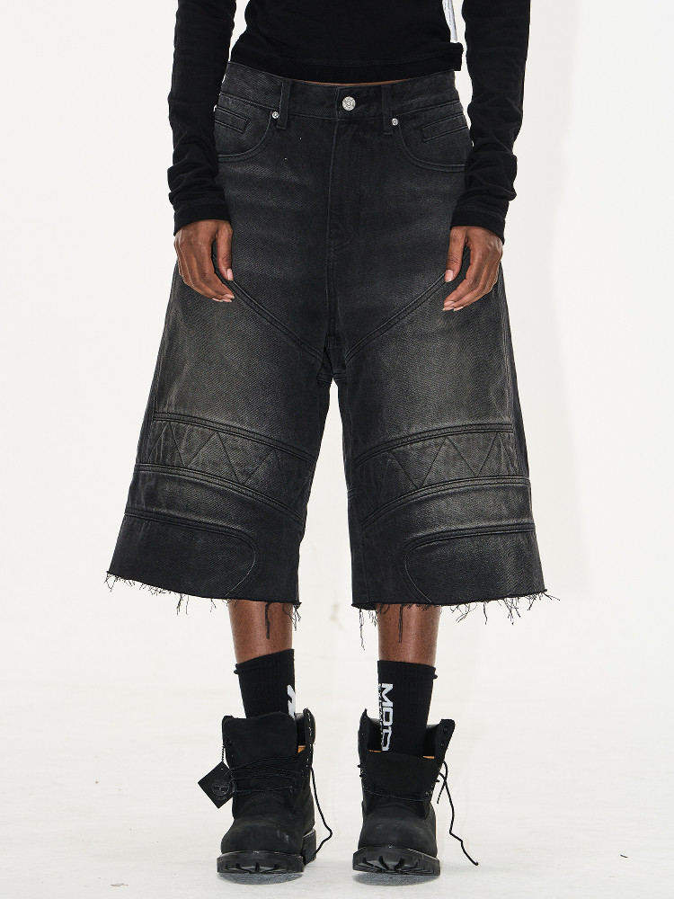 Washed Distressed Biker Raw-Edge Denim Shorts