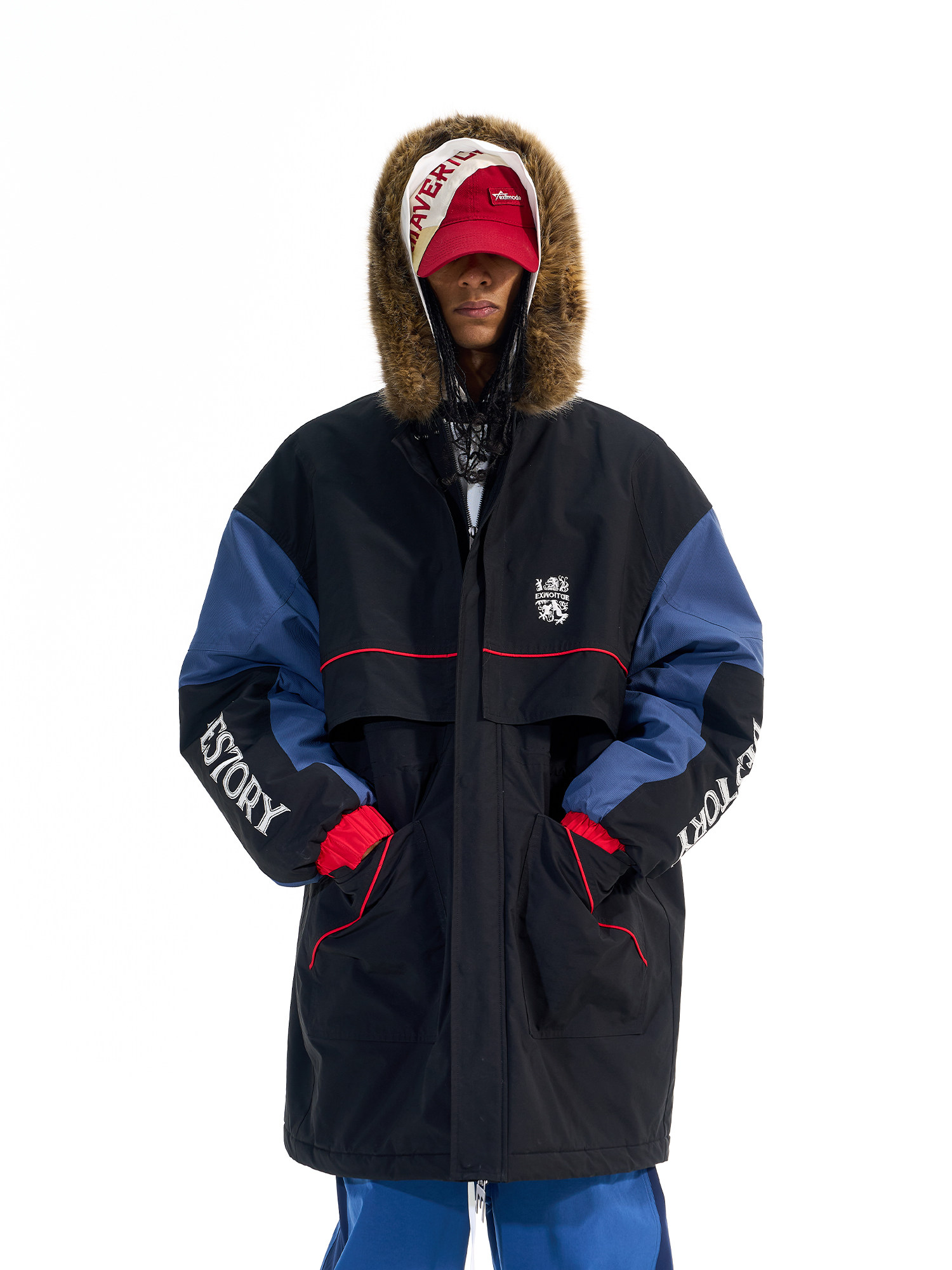 Removable Fur-Trim Color-Block Embroidered Parka