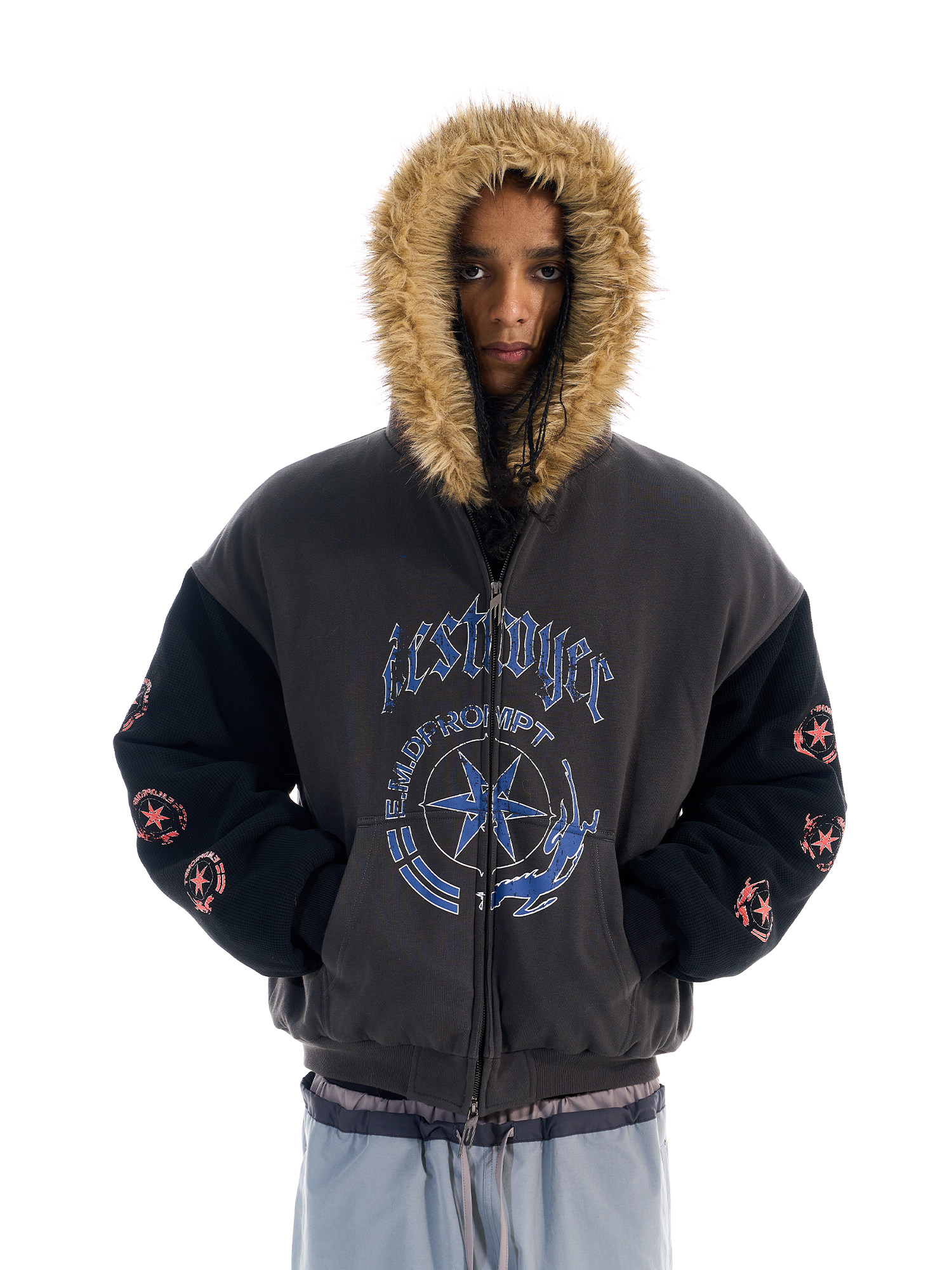 Detachable Fur Trim Color-Block Hooded Puffer