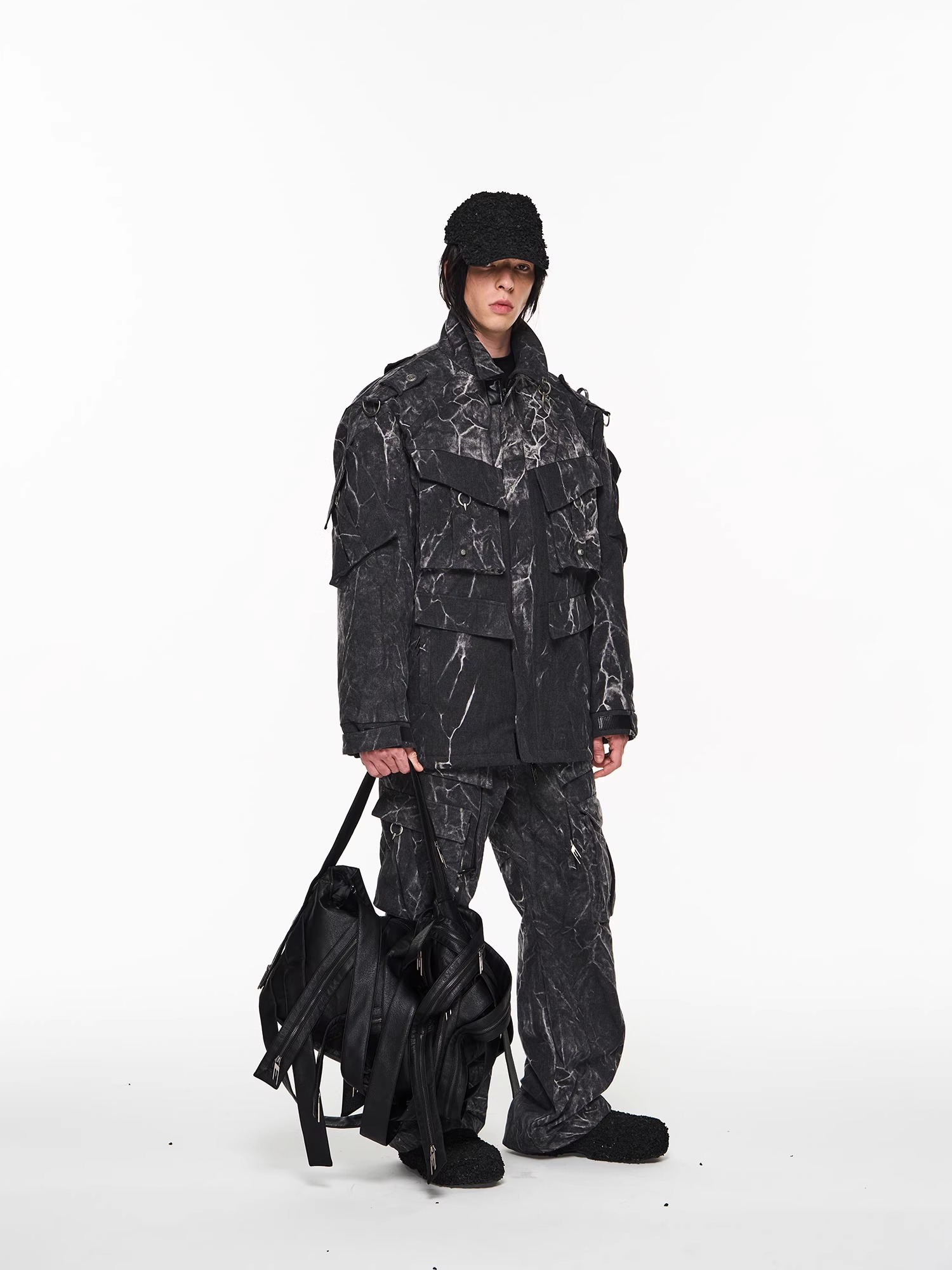 BLINDNOPLAN 23AW Psychedelic Washed Pocket Heavy Metal Work Cotton-padded Jacket