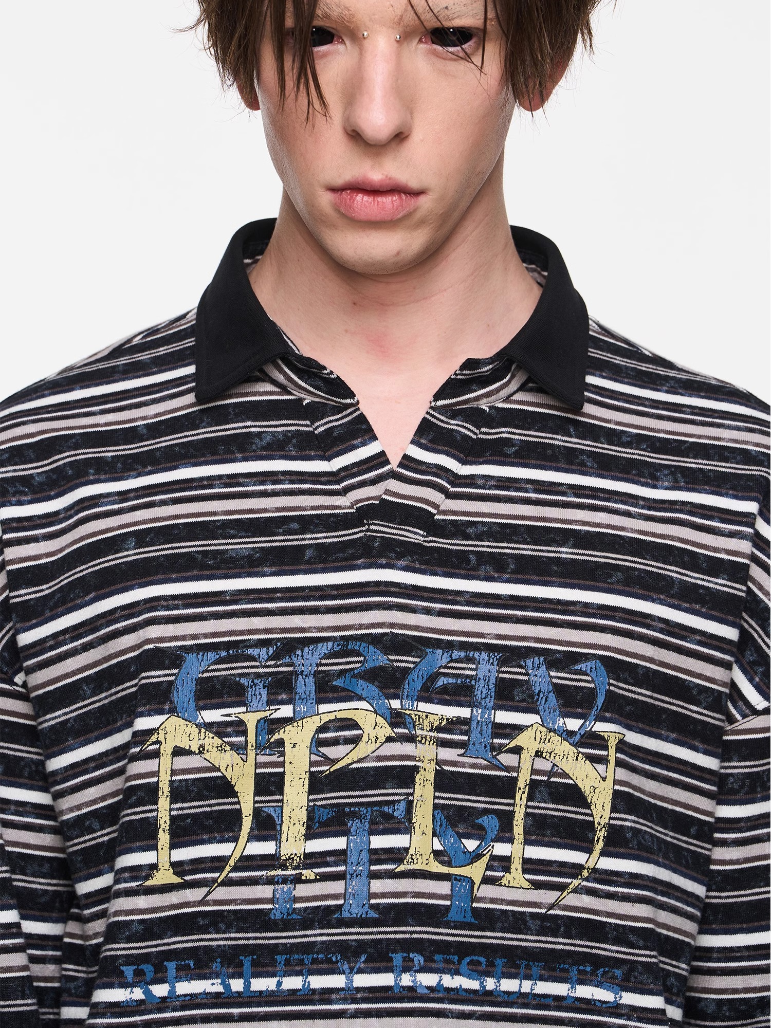 BLINDNOPLAN 24SS Washed and Distressed Striped Polo Shirt