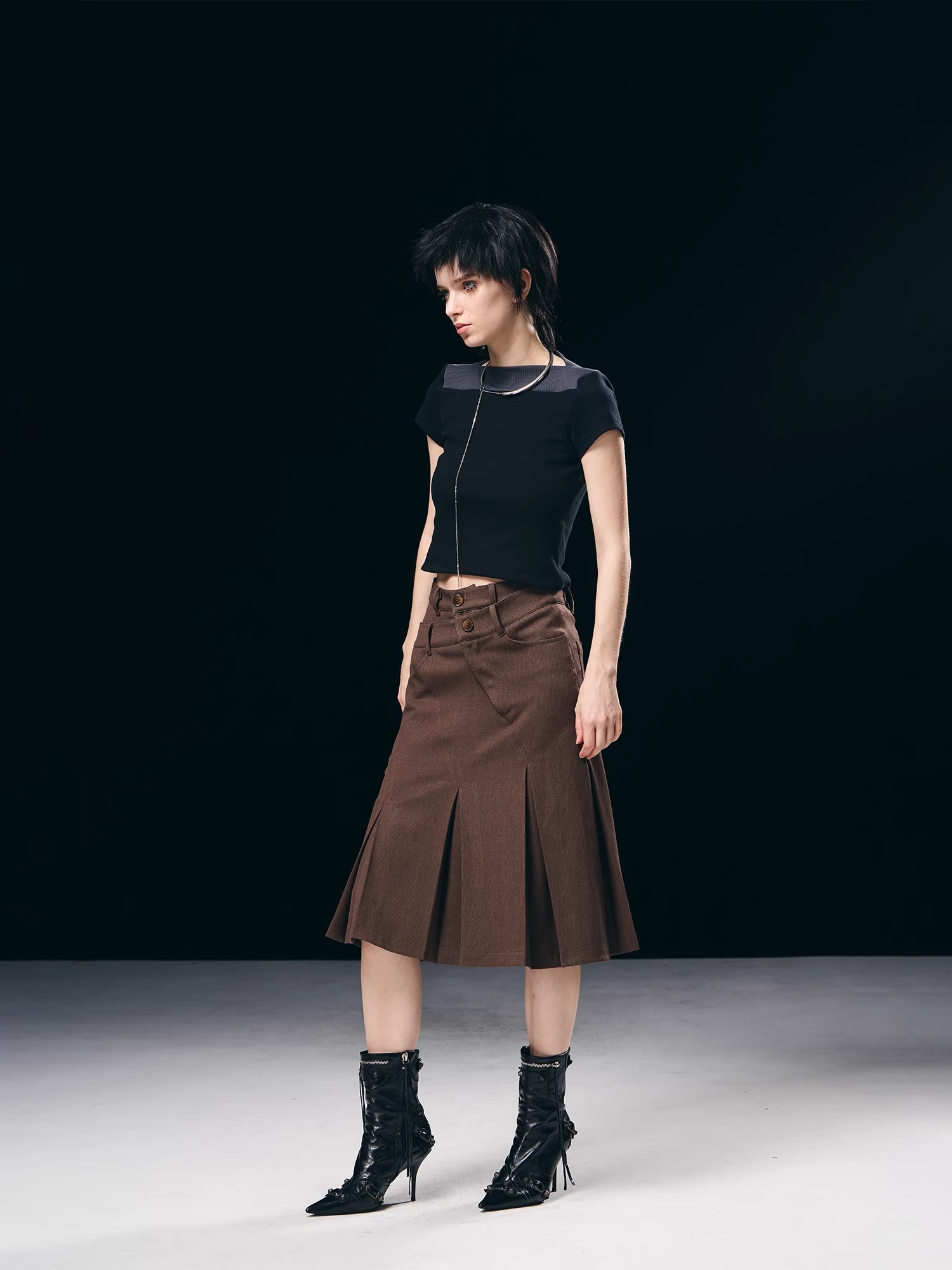 BORON ATOMS 23SS Double-layered Waist Diagonal Button Pleated Skirt