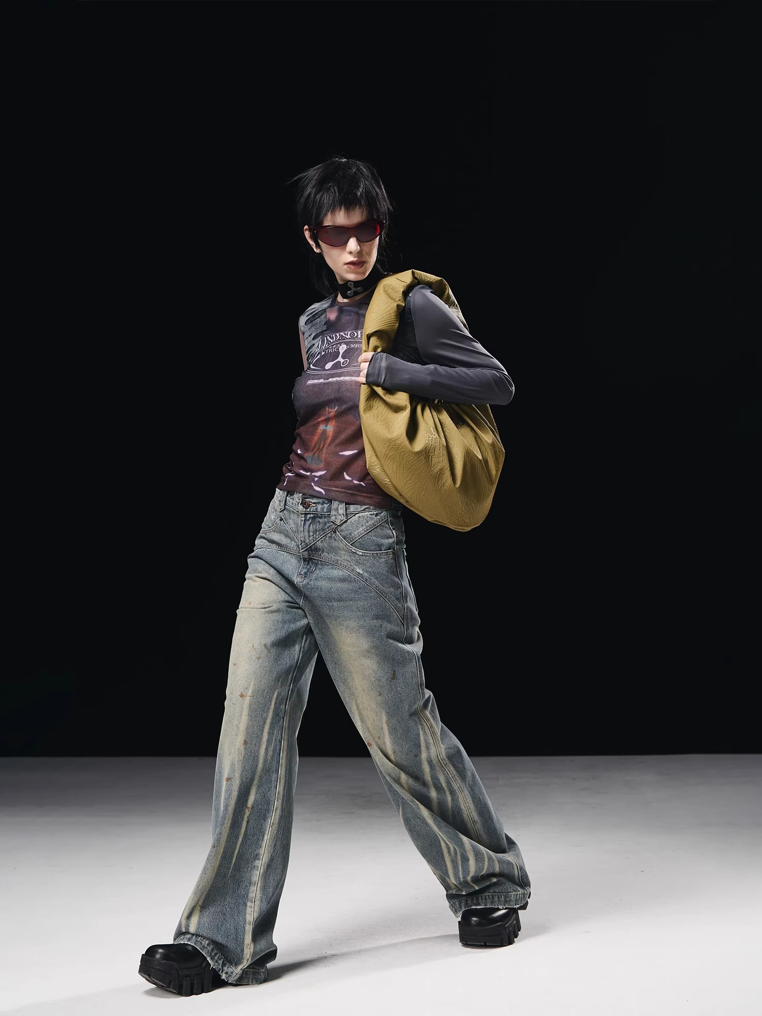 BORON ATOMS 23SS Mesh Patchwork Floral Print Round Neck Long Sleeve T-shirt